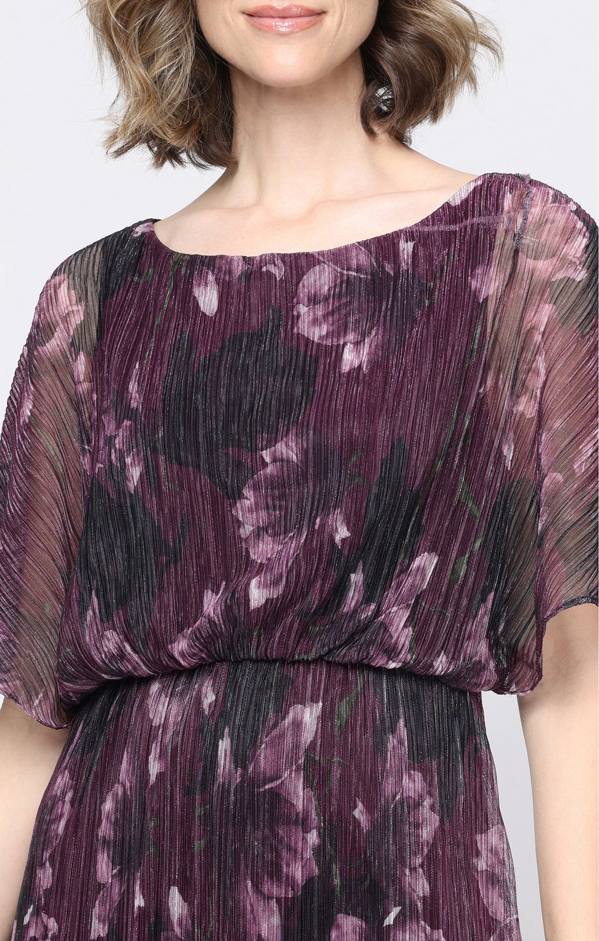 Plum Multi SL Fashions 9155303 Boat Neck Floor-Length Metallic Evening Dress Pleated