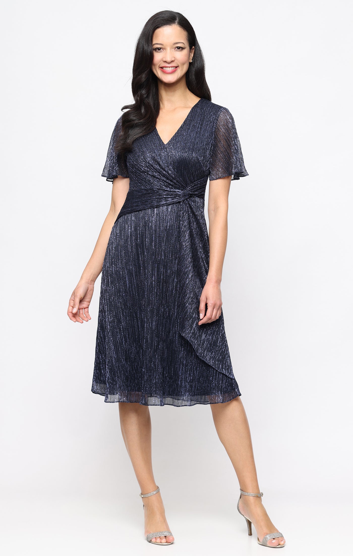 Navy V-Neck Knee-Length Metallic Chiffon Cocktail Dress with Flutter Sleeves SL Fashions 9155308