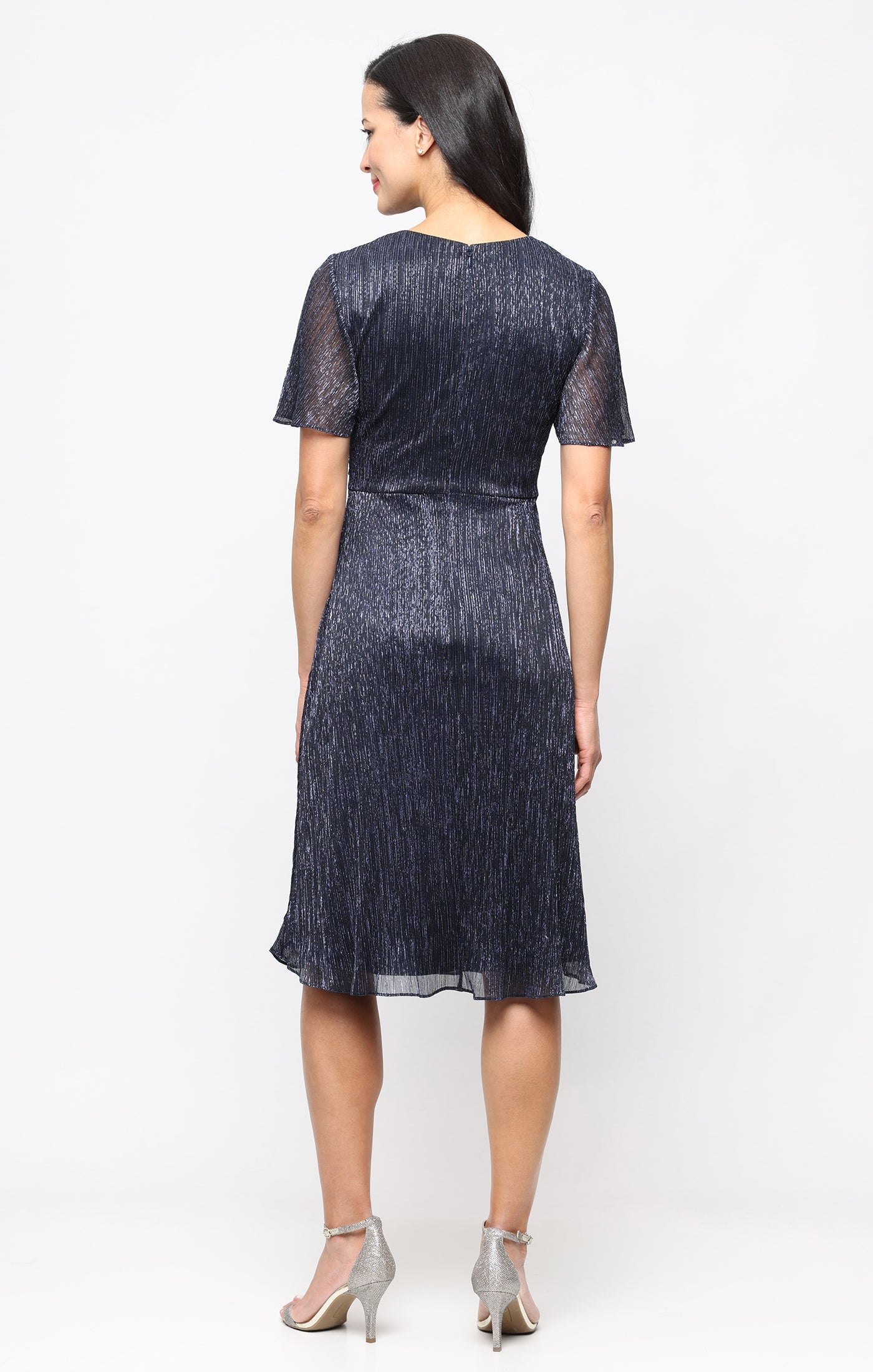 Navy V-Neck Knee-Length Metallic Chiffon Cocktail Dress with Flutter Sleeves SL Fashions 9155308