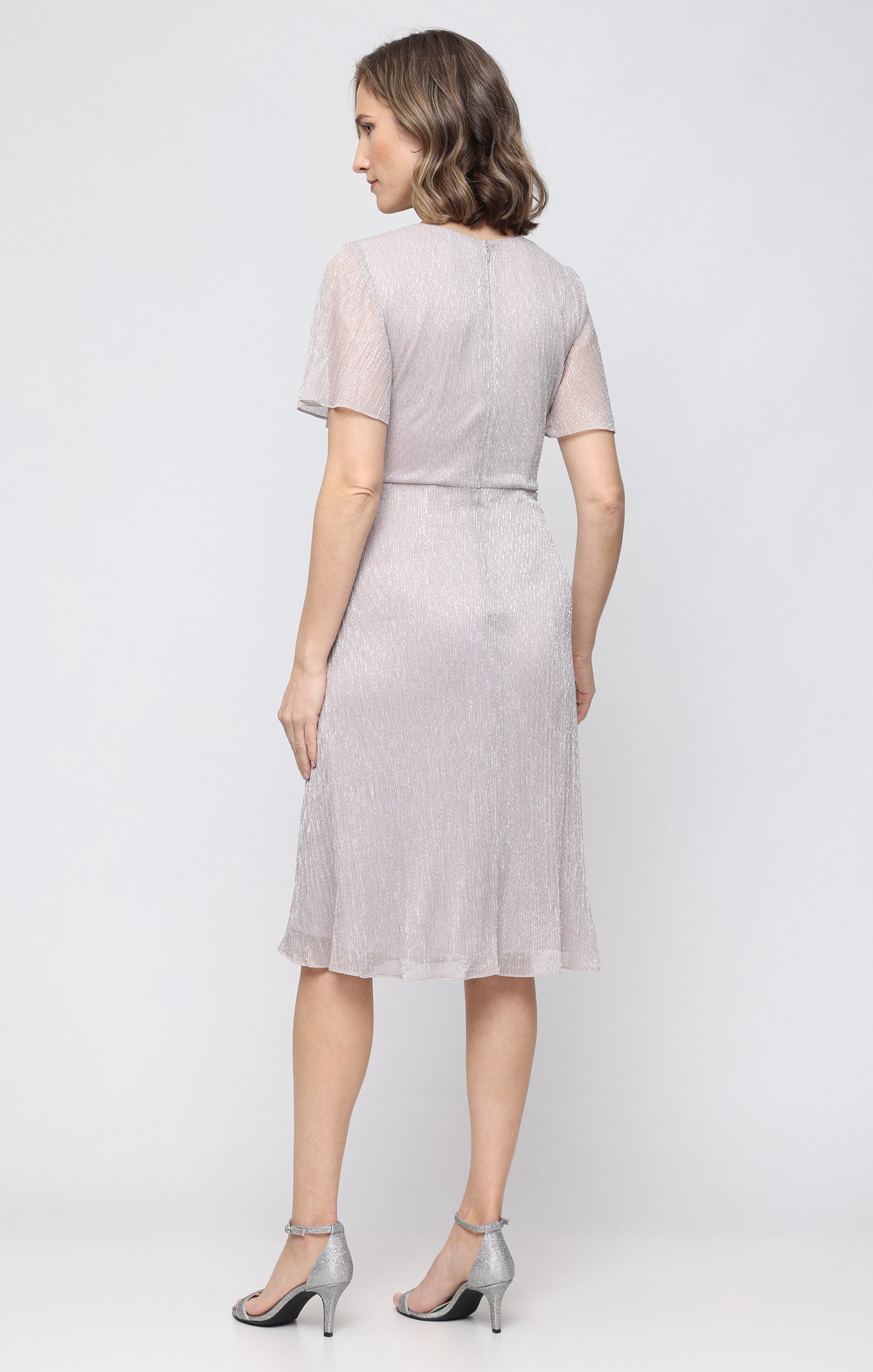 Pearl V-Neck Knee-Length Metallic Chiffon Cocktail Dress with Flutter Sleeves SL Fashions 9155308