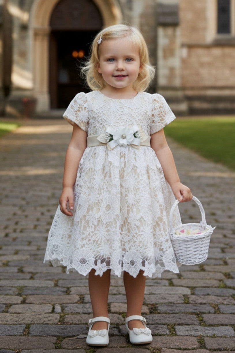 Jewel Knee-Length Lace Flower Girl A-Line Dress Cinderella Couture 9157B