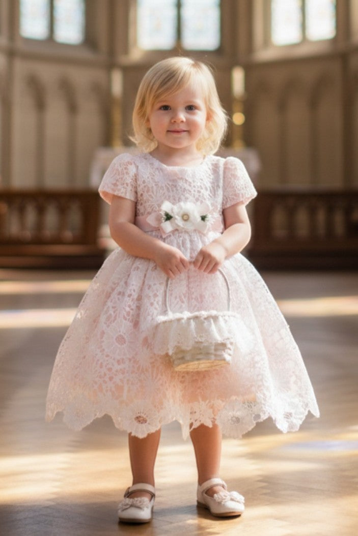 Jewel Knee-Length Lace Flower Girl A-Line Dress Cinderella Couture 9157B