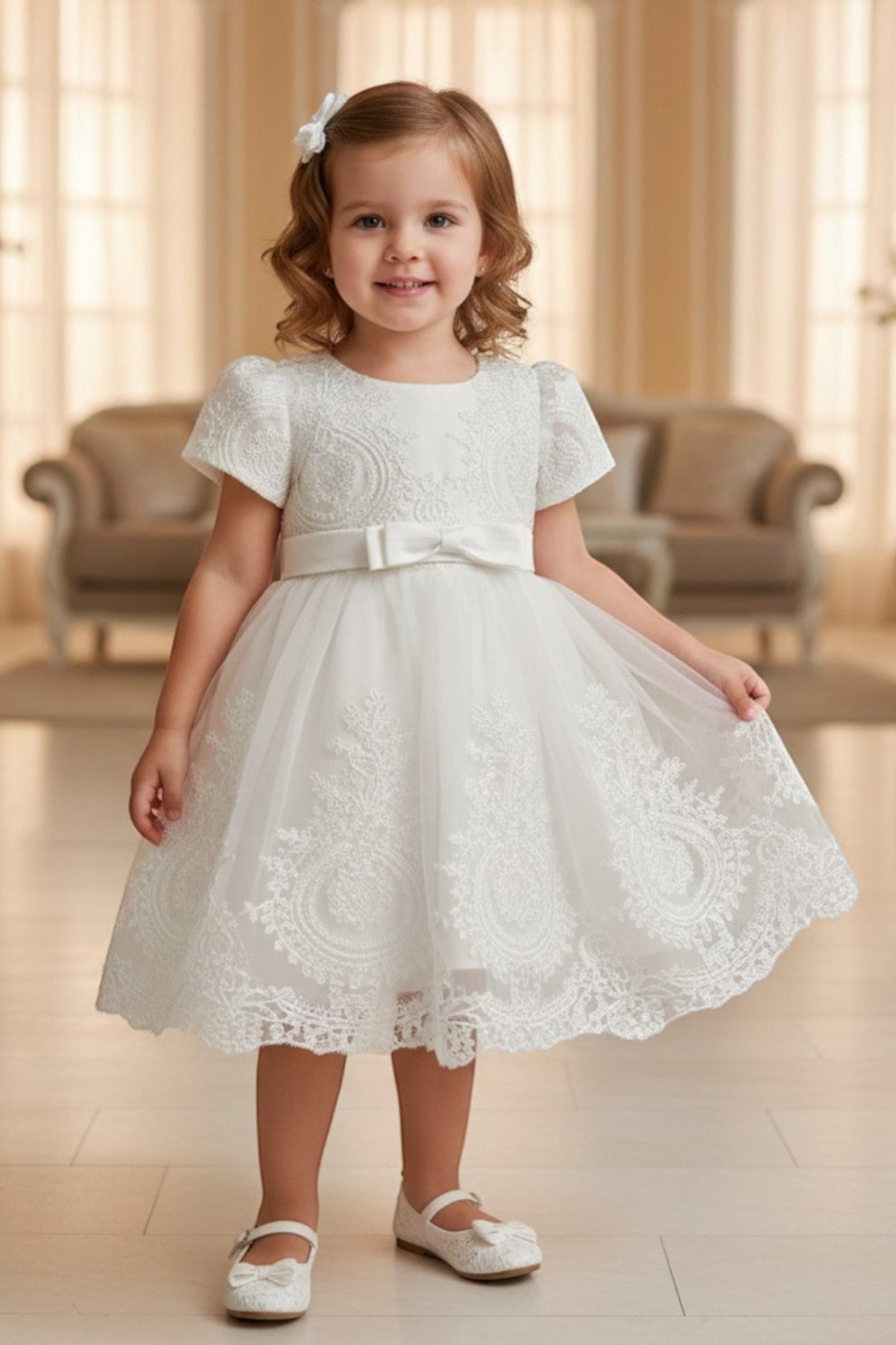 Jewel Knee-Length Lace Flower Girl A-Line Dress Cinderella Couture 9158B