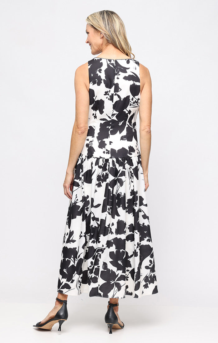 Ivory Black Scoop Neck Tea Length Floral Print Cocktail A-Line Dress SL Fashions 9162123