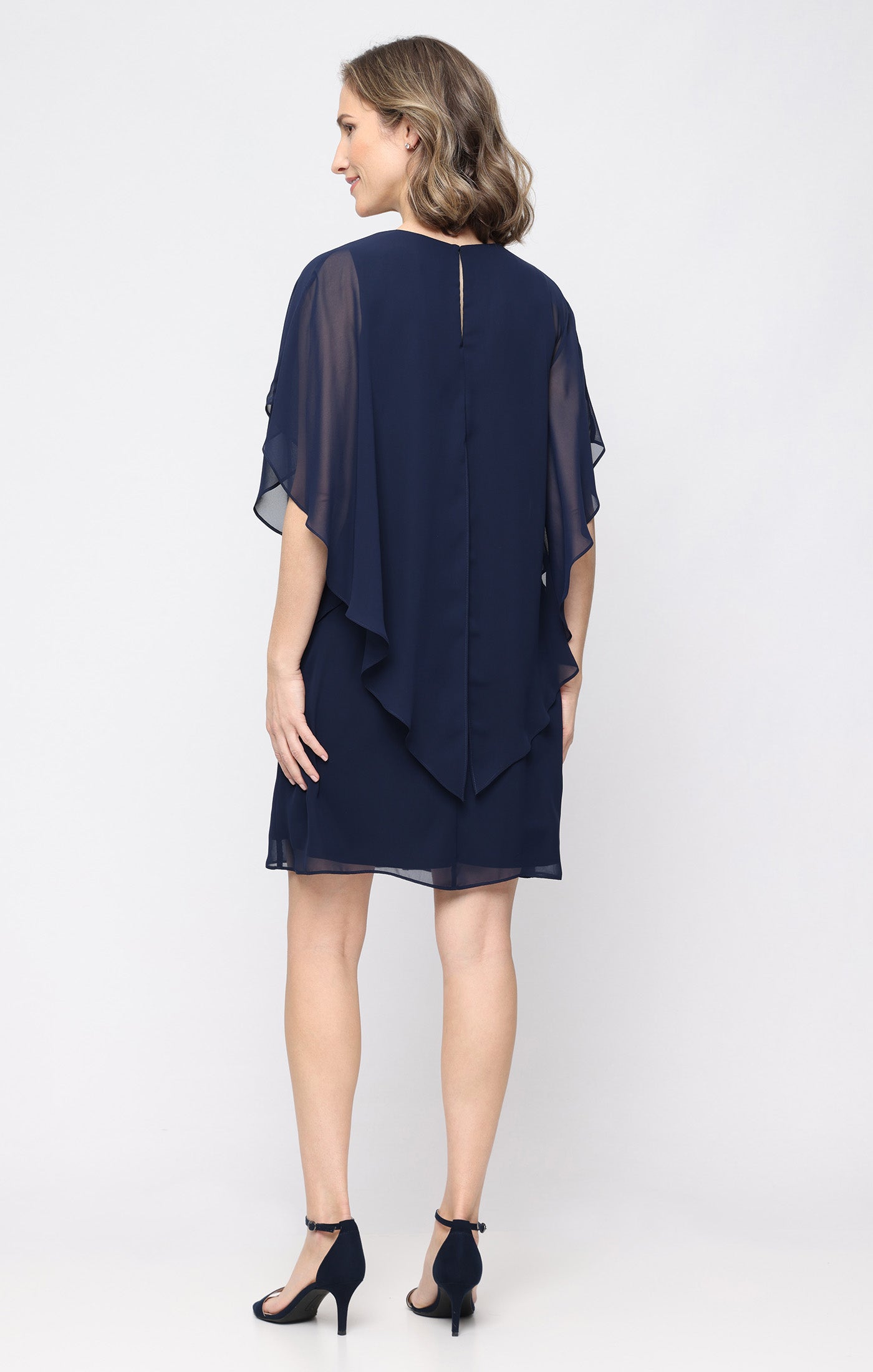 Navy SL Fashions 9270700 Jewel Short Knee-Length Chiffon Petite Cocktail Capelet Dress