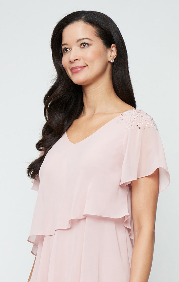 Faded Rose SL Fashions 9170745 V-Neck Knee-Length Chiffon Cocktail Dress Beaded