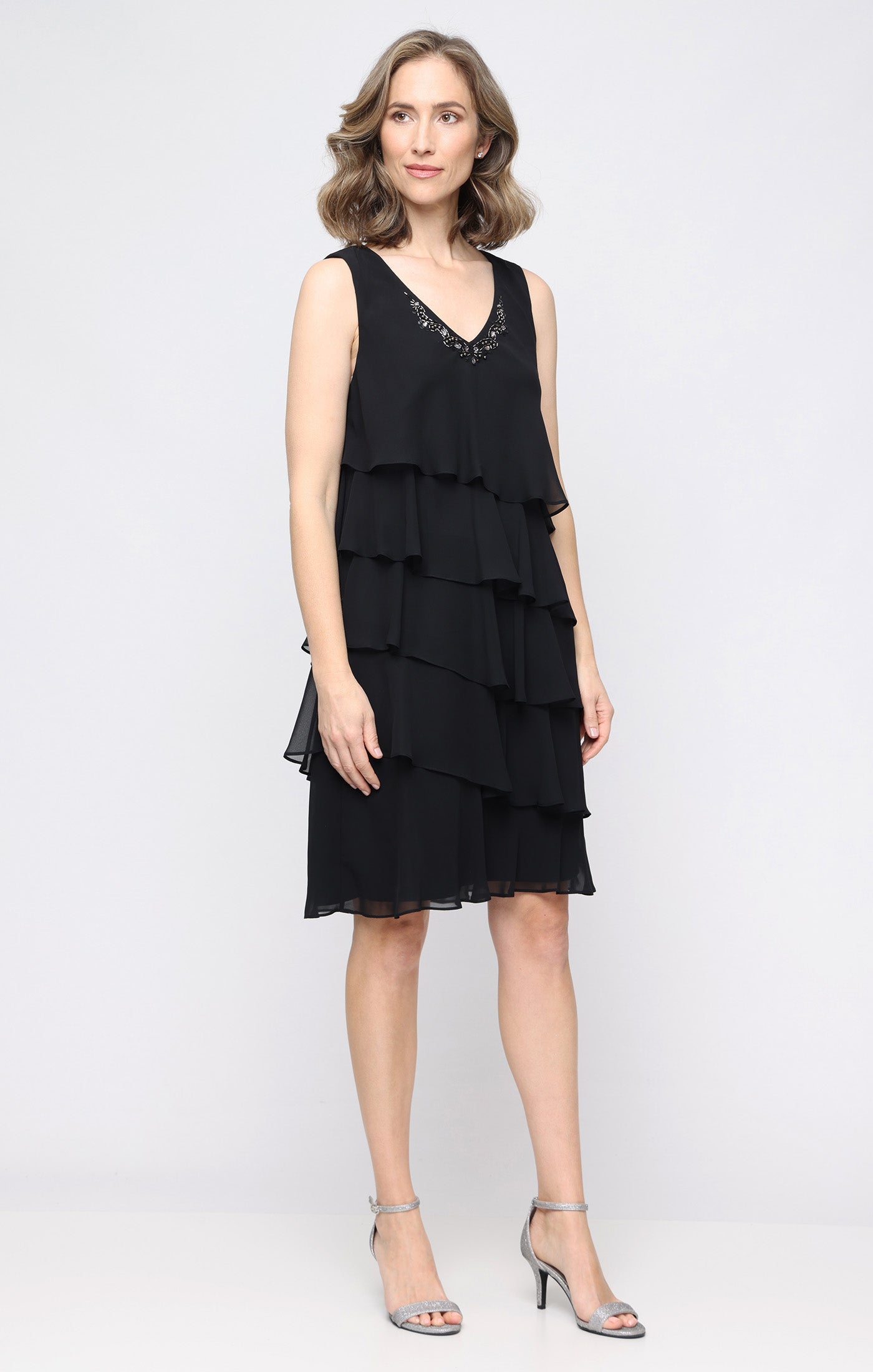 Black SL Fashions 9170750 V-Neck Knee-Length Chiffon Cocktail Capelet Dress