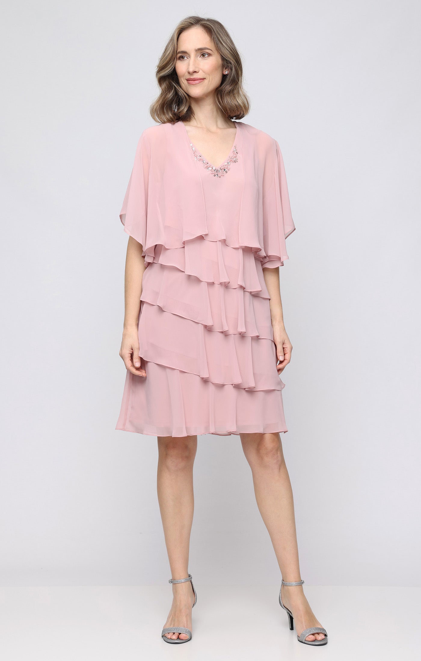 Faded Rose SL Fashions 9270750 V-Neck Knee-Length Chiffon Petite Tiered Cocktail Dress