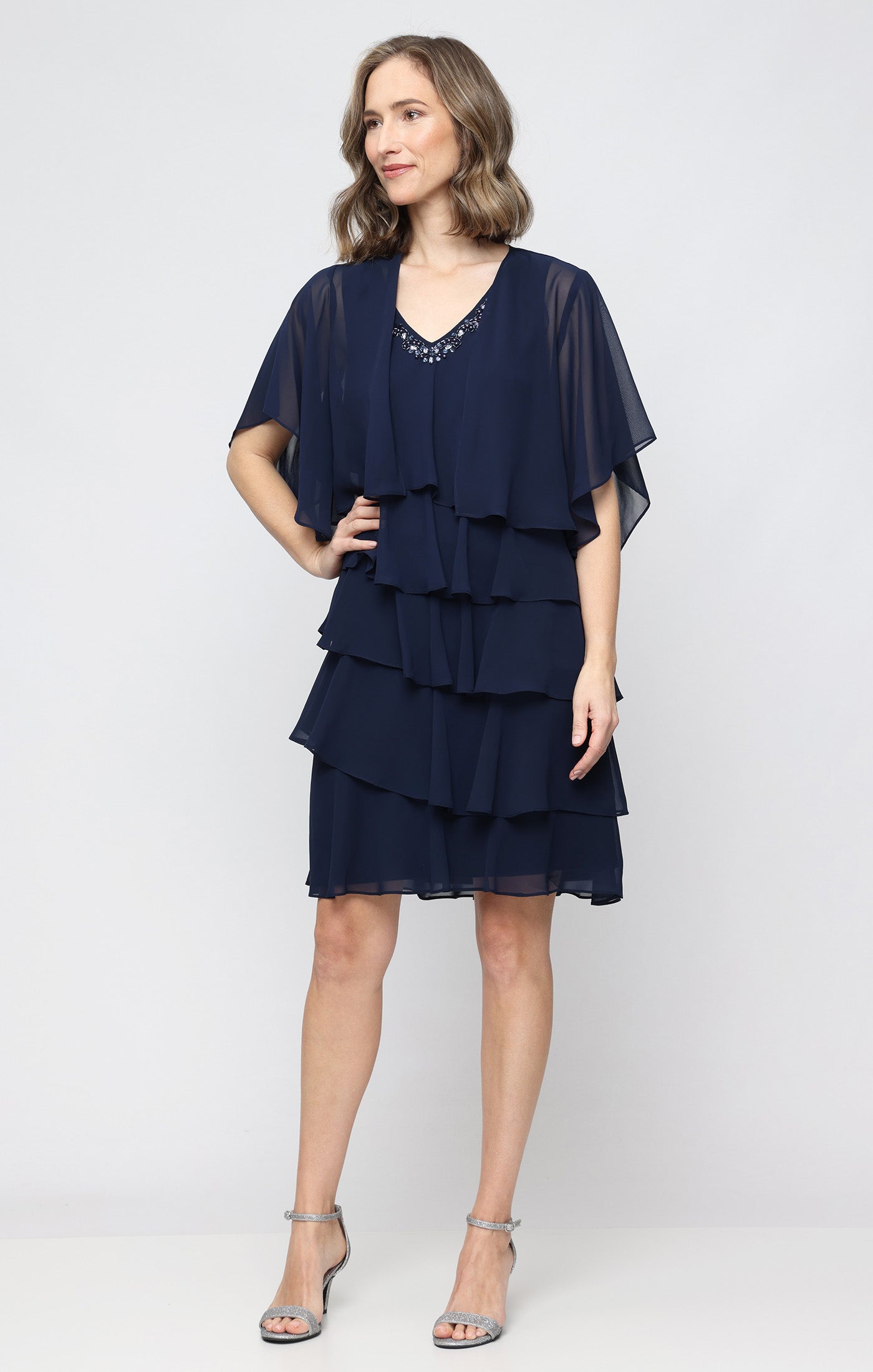 Navy SL Fashions 9170750 V-Neck Knee-Length Chiffon Cocktail Capelet Dress