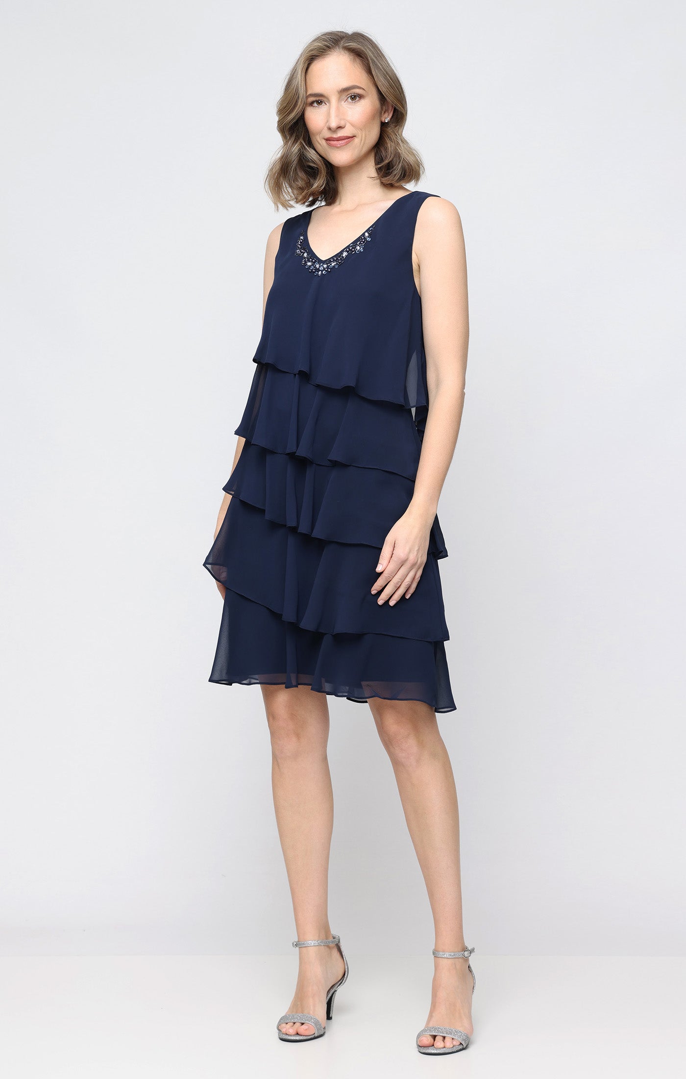 Navy SL Fashions 9170750 V-Neck Knee-Length Chiffon Cocktail Capelet Dress