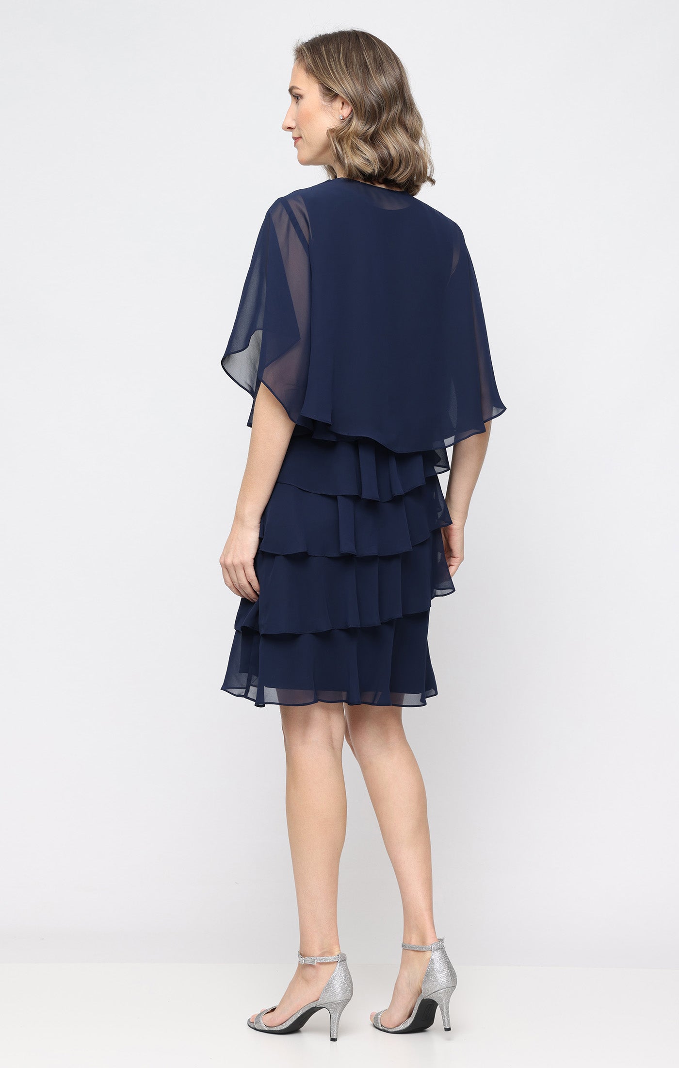 Navy SL Fashions 9170750 V-Neck Knee-Length Chiffon Cocktail Capelet Dress