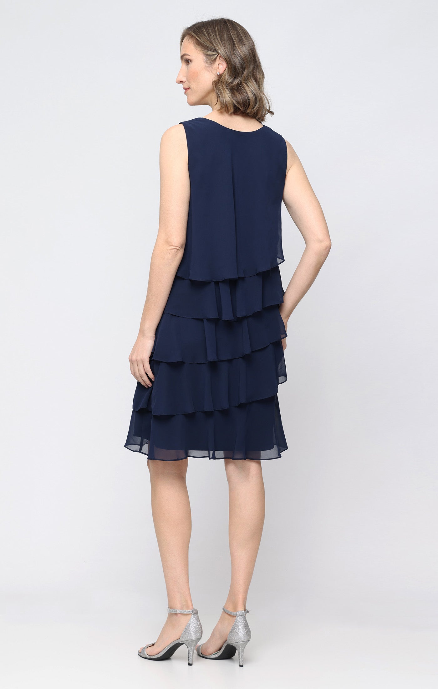 Navy SL Fashions 9170750 V-Neck Knee-Length Chiffon Cocktail Capelet Dress