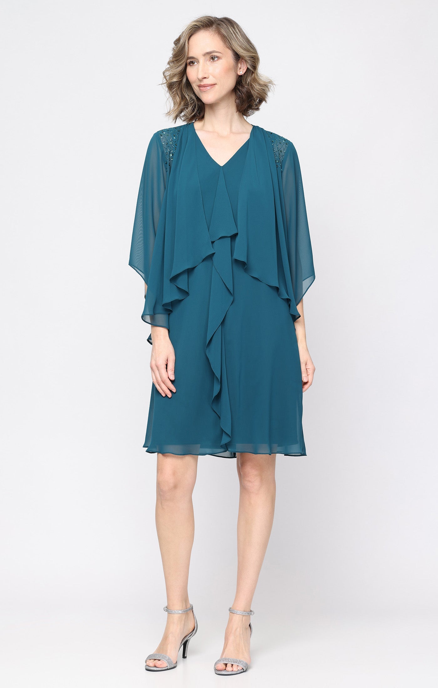 Mallard SL Fashions 9170761 V-Neck Knee-Length Chiffon Cocktail Dress Capelet