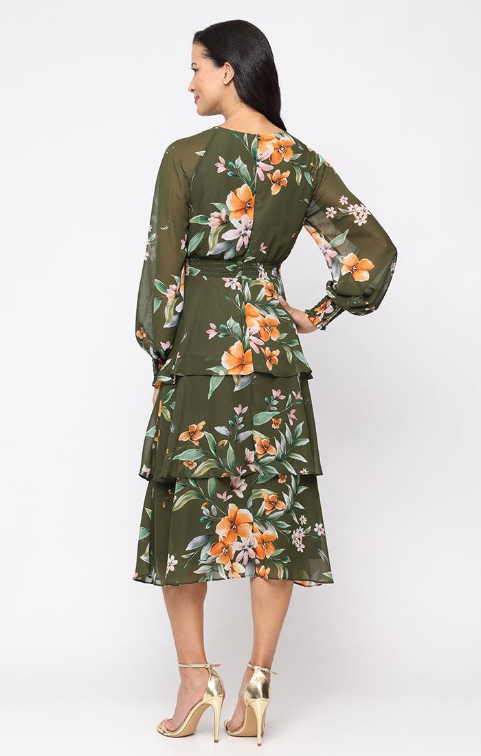 Mother of the Bride Dresses Long Sleeve Midi Print Short Cocktail Mother of the Bride Dress Olive Multi
