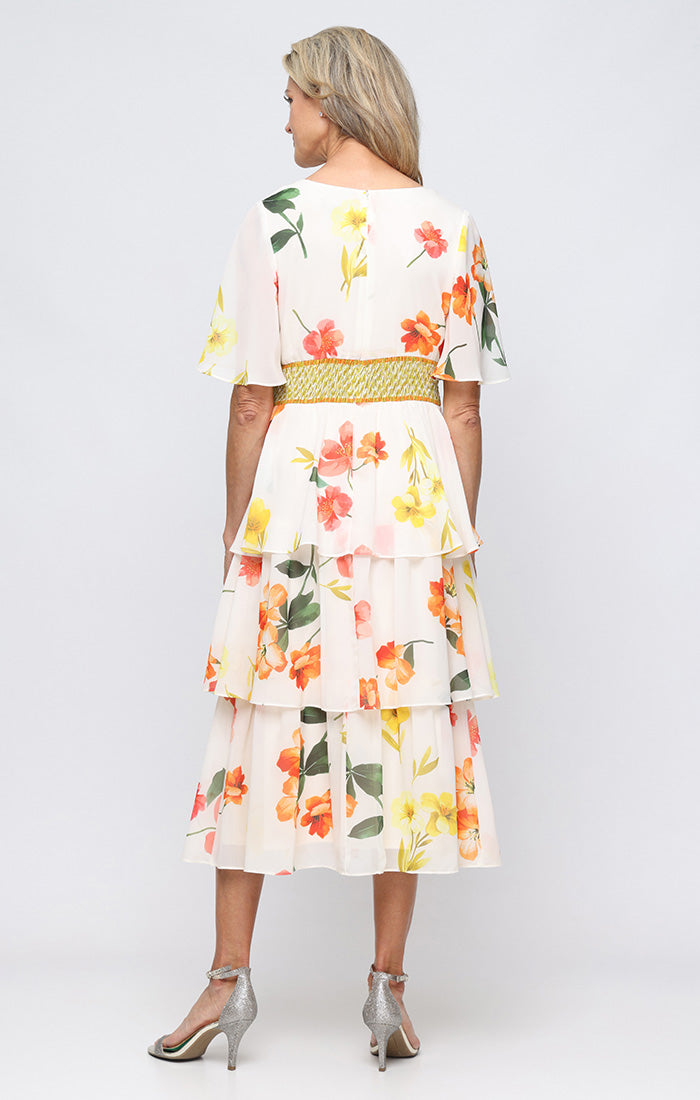 V-Neck Tiered Chiffon Midi Dress with Floral Print and Smocked Waist - SL Fashions 9172207