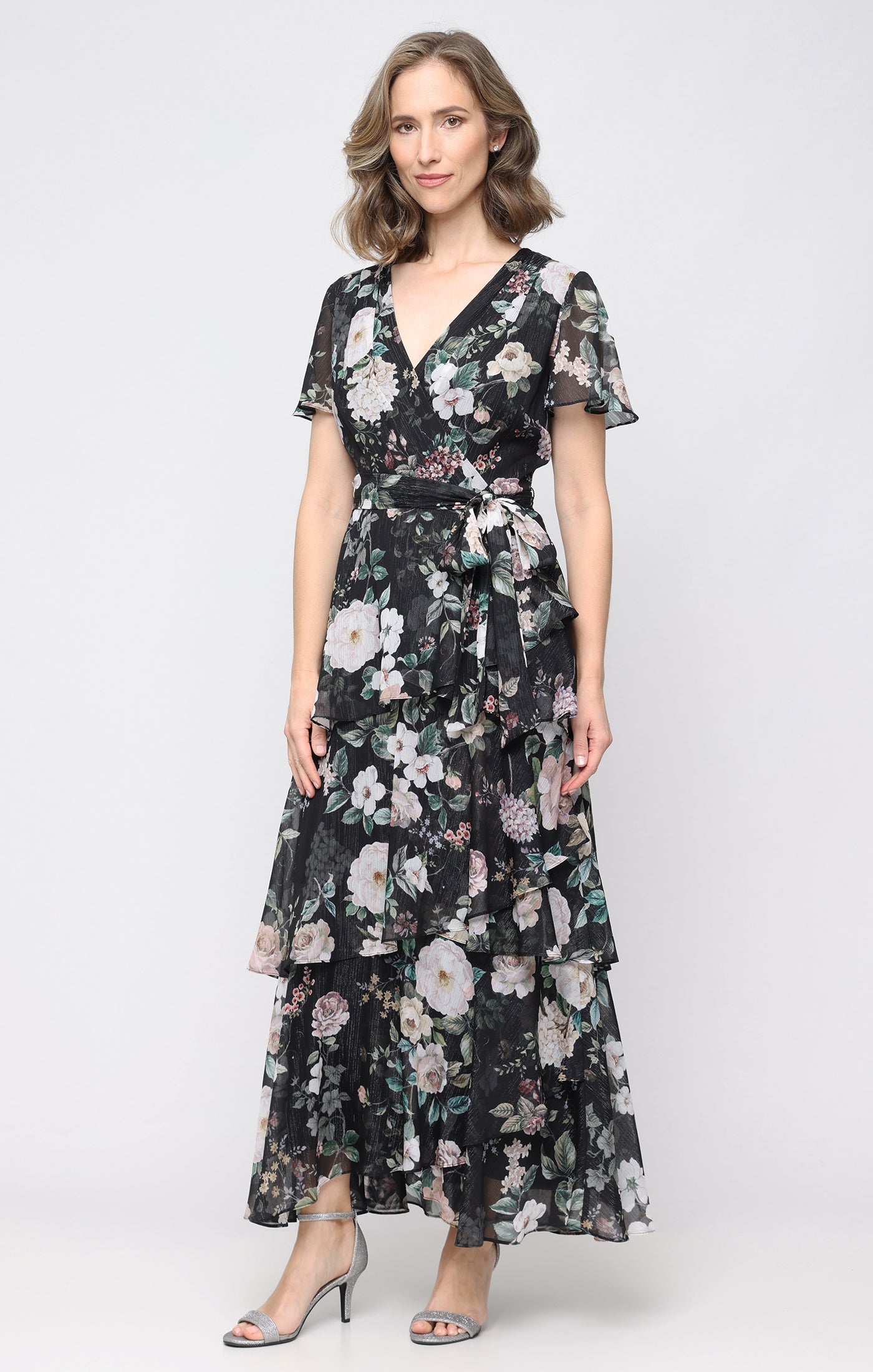 Black Multi SL Fashions 9172220 V-Neck Floor-Length Chiffon Cocktail Tiered Dress