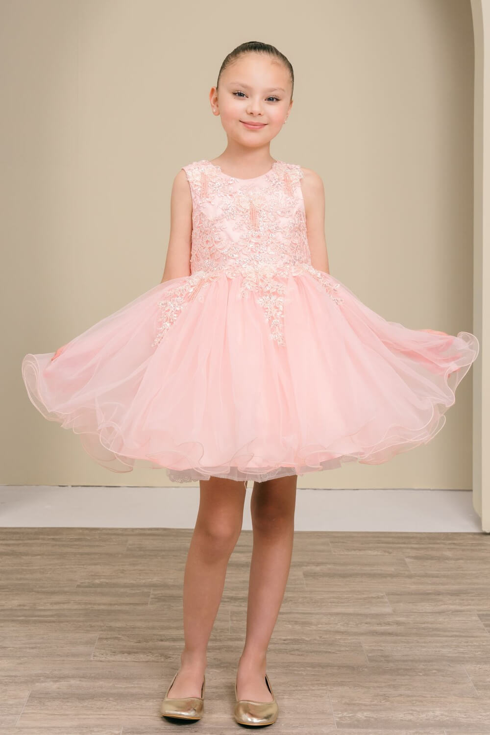 Blush Illusion Neck Short Tulle Special Occasion Dress with Floral Lace Appliques Cinderella Couture 9172