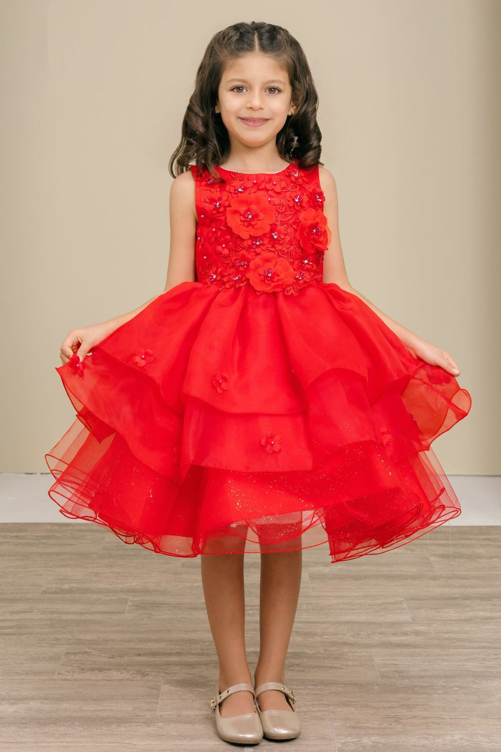 Flower Girl Dresses 3D Floral Ruffle A Line Print Mini Flower Girl Dress Red