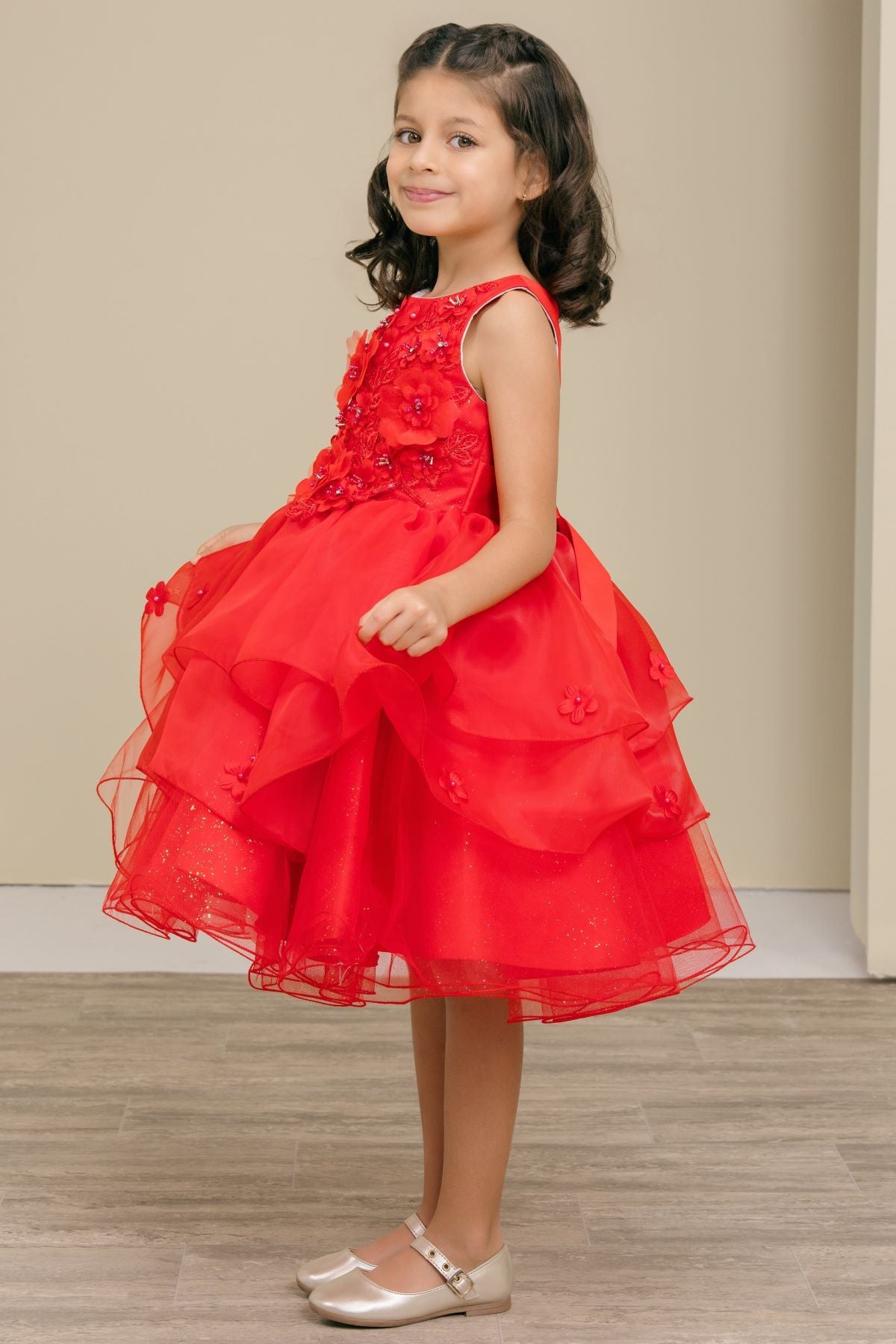 Flower Girl Dresses 3D Floral Ruffle A Line Print Mini Flower Girl Dress Red