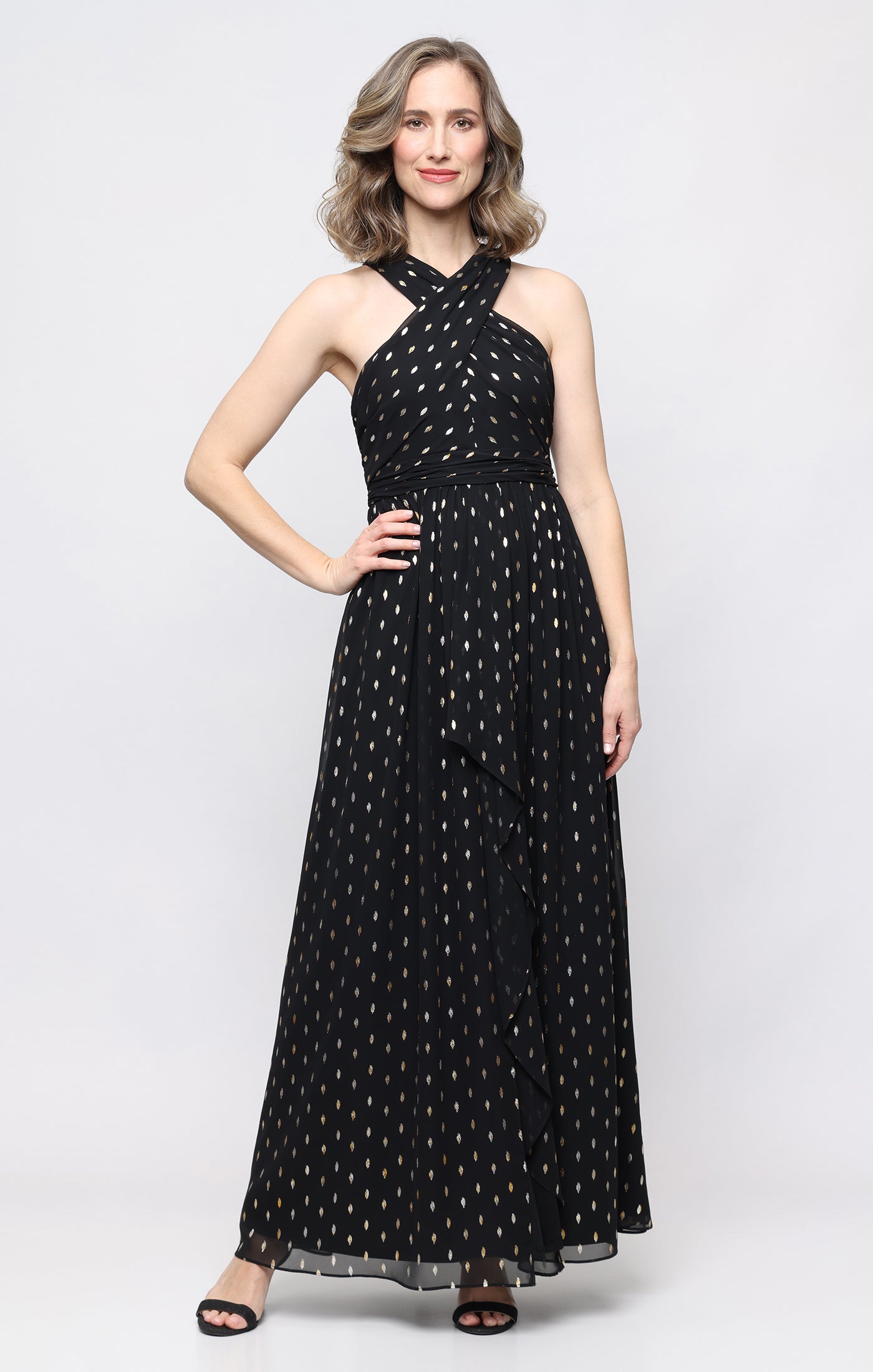 Black SL Fashions 9279525 Halter Floor-Length Chiffon Formal Dress Metallic
