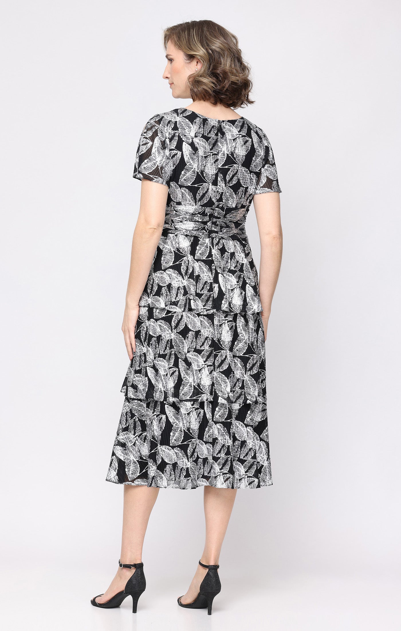Black Silver SL Fashions 9179541 V-Neck Midi Metallic Leaf Cocktail Dress Flutter Sleeves