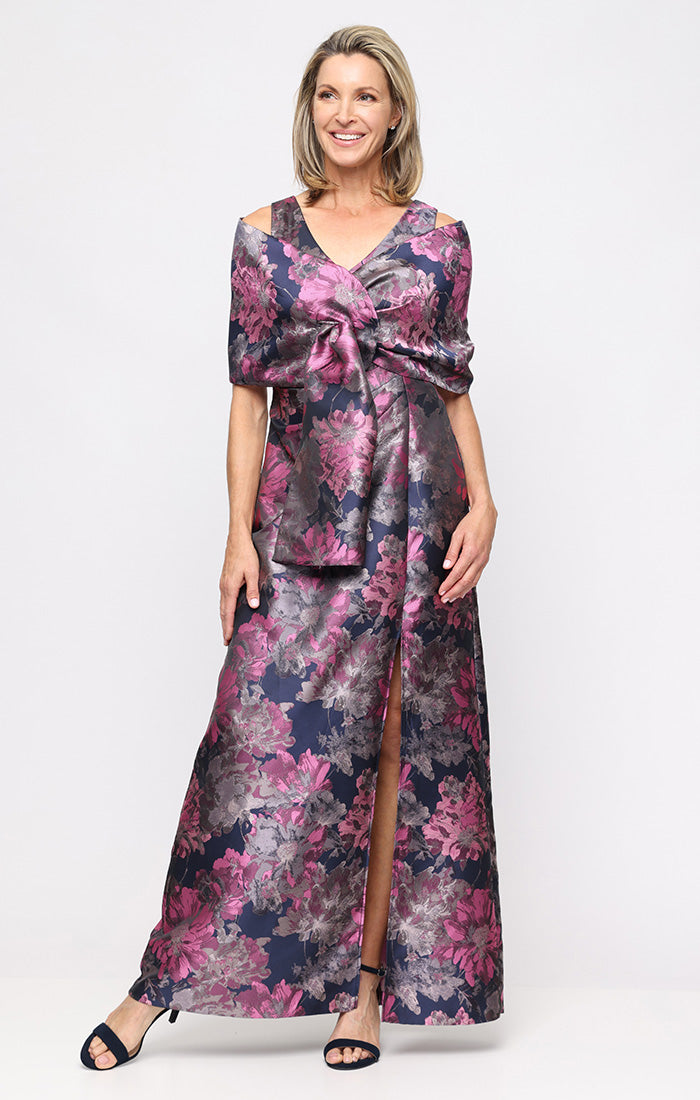 V-Neck Floor-Length Floral Satin Formal Two-Piece Gown by SL Fashions 9181179