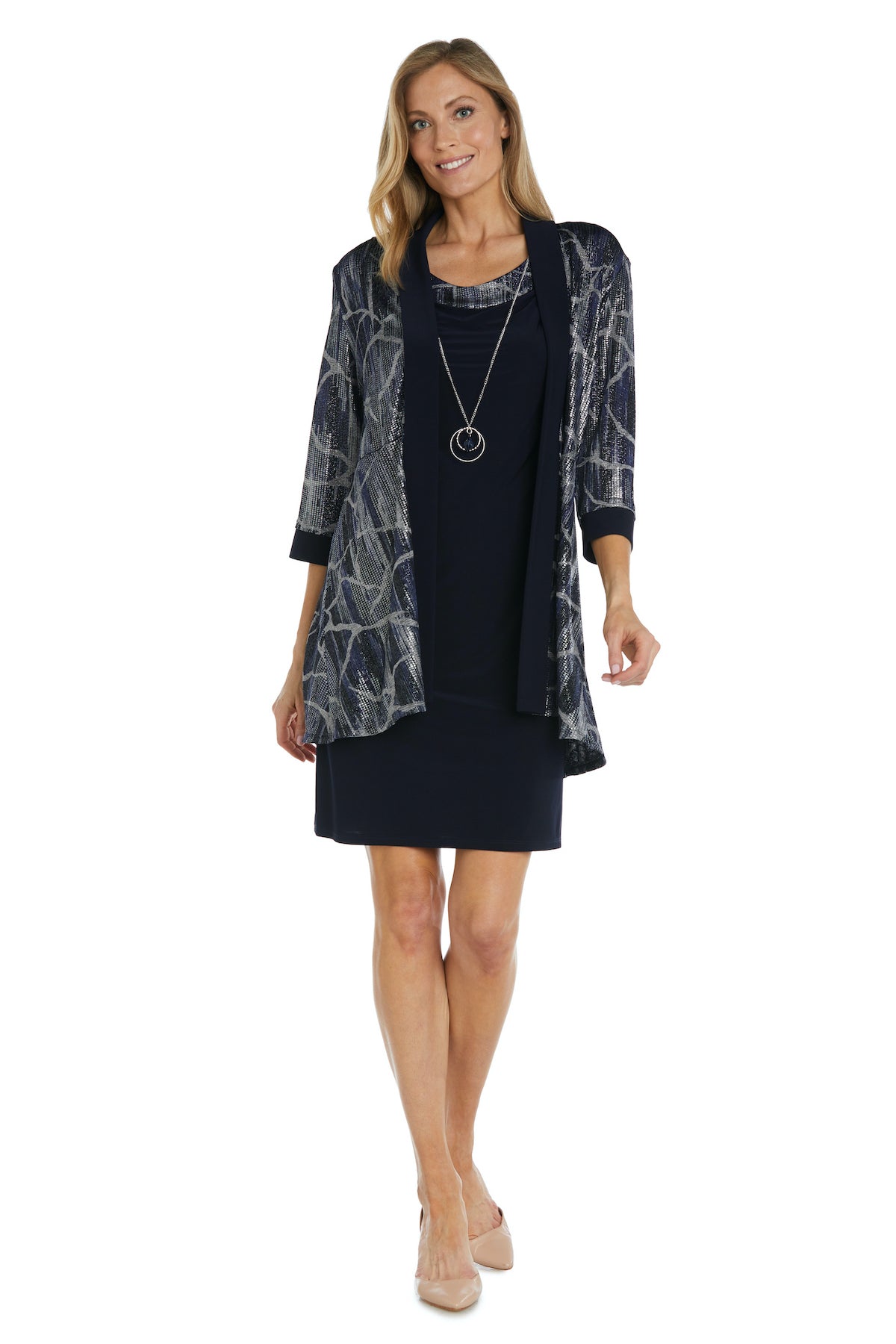Mother of the Bride Dresses Printed Short Mother of the Bride Jacket Dress Navy/Silver
