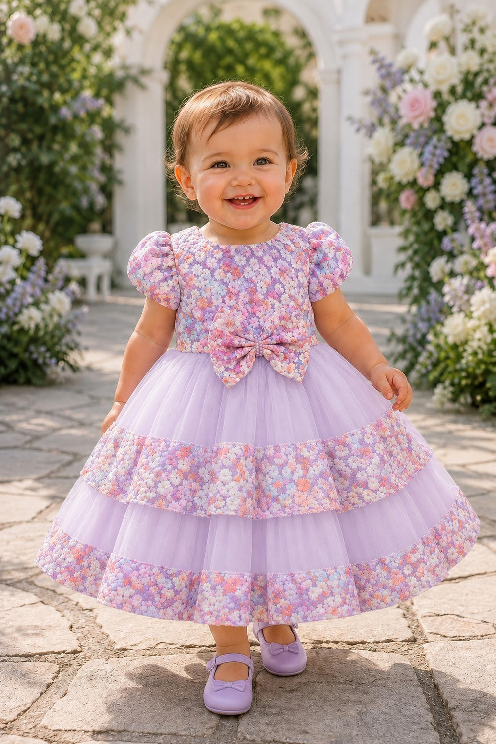 Jewel Neck Puff-Sleeve Floral Tulle Toddler Ball Gown Cinderella Couture 9194B