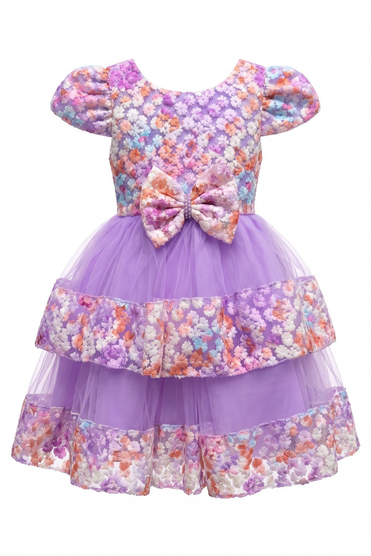 Jewel Neck Puff-Sleeve Floral Tulle Toddler Ball Gown Cinderella Couture 9194B