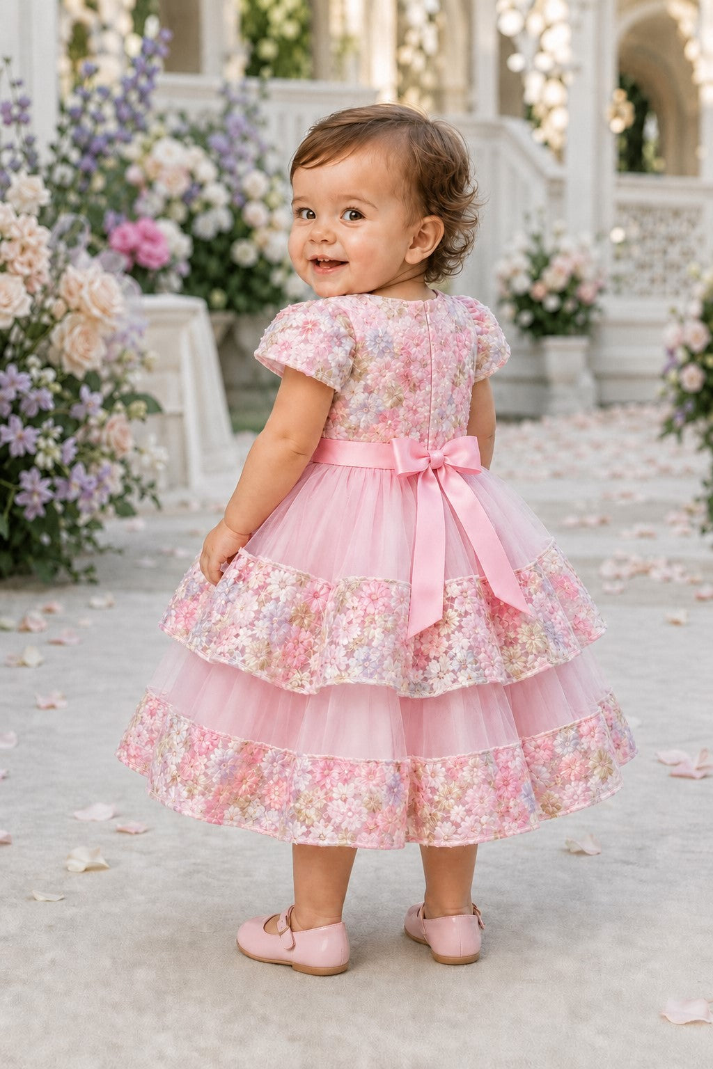 Jewel Neck Puff-Sleeve Floral Tulle Toddler Ball Gown Cinderella Couture 9194B