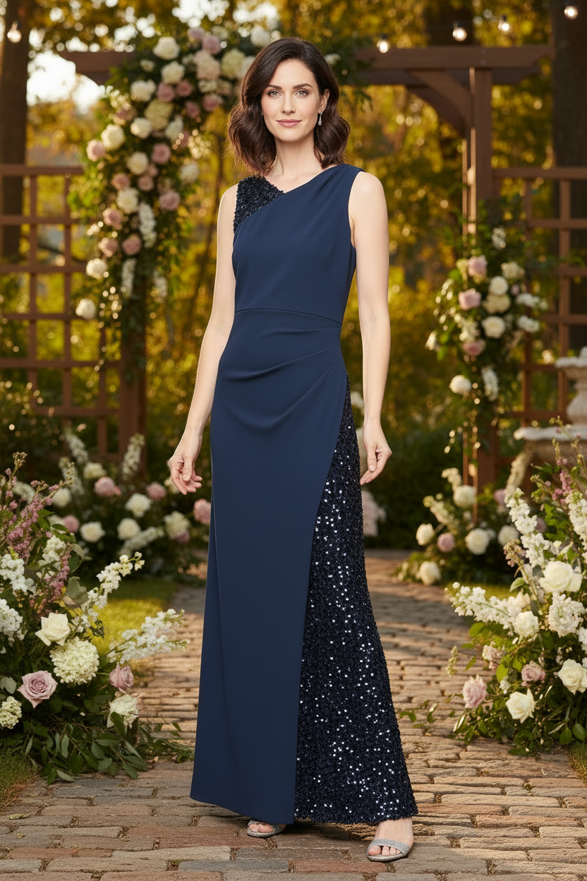 Navy One-Shoulder Crepe Sequin Formal Dress with Slit SL Fashions 9196531