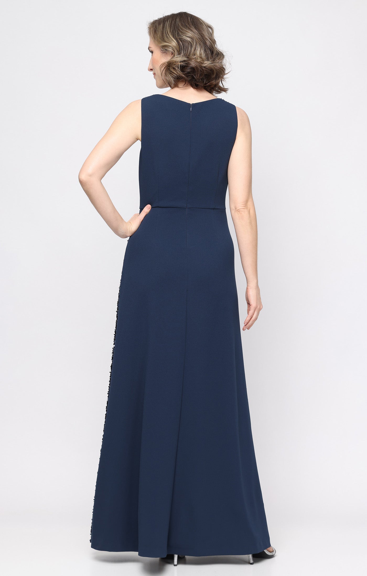 Navy SL Fashions 9296531 Asymmetrical Neck Floor-Length Crepe Formal Dress Sequin