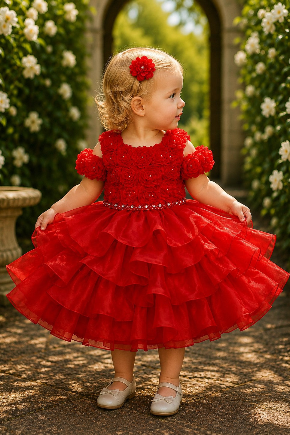 Floral Cold-Shoulder Tea-Length Organza Baby Ball Gown Cinderella Couture 9196B