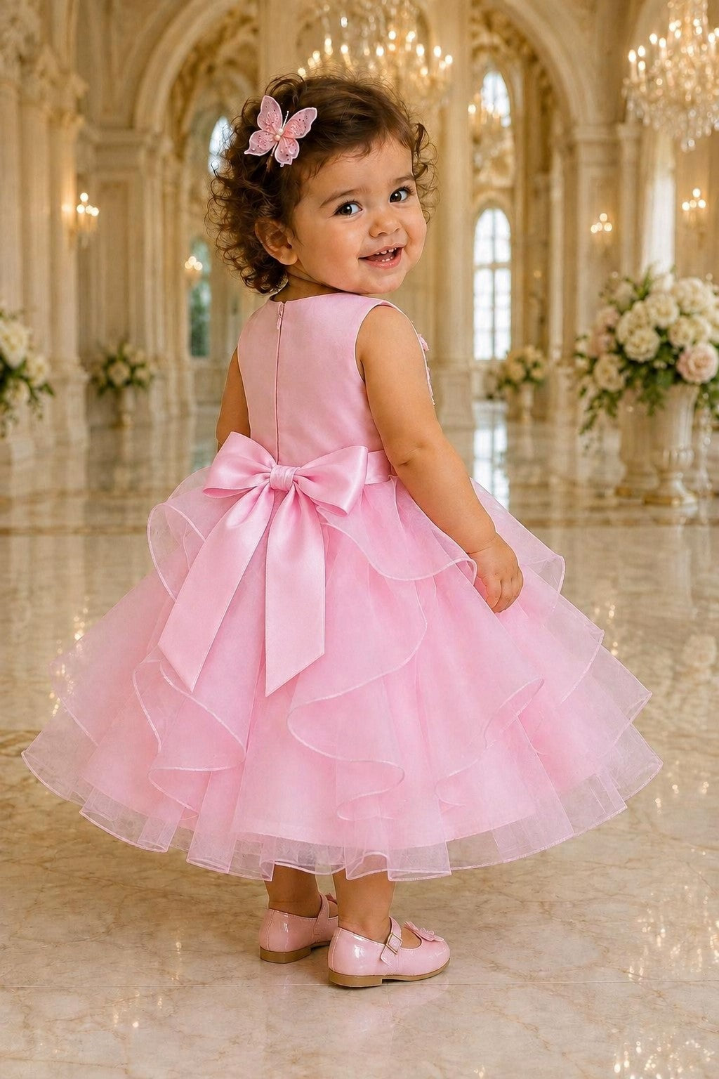Jewel Neck Tea-Length Organza Butterfly Baby Ball Gown Cinderella Couture 9197B