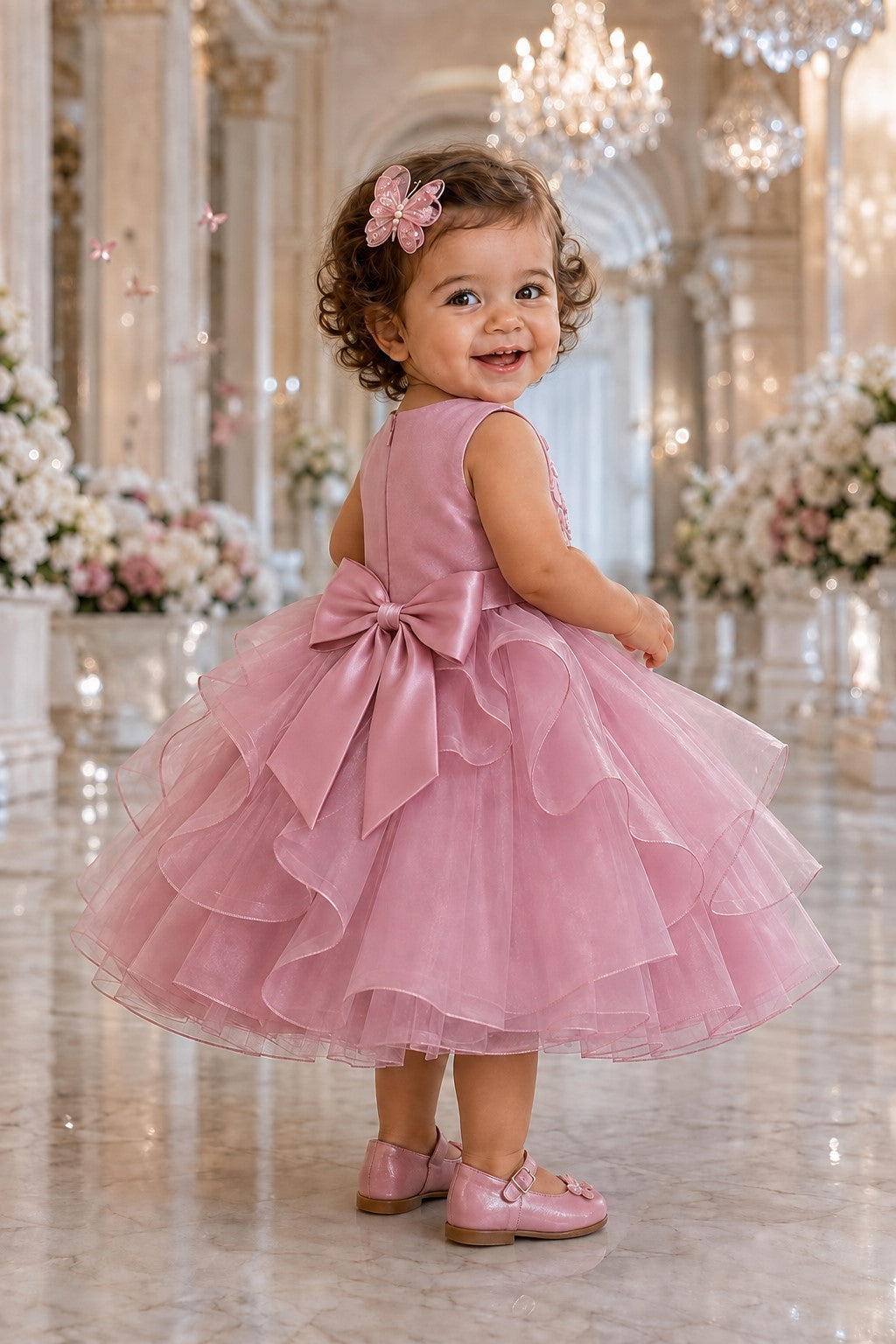 Jewel Neck Tea-Length Organza Butterfly Baby Ball Gown Cinderella Couture 9197B