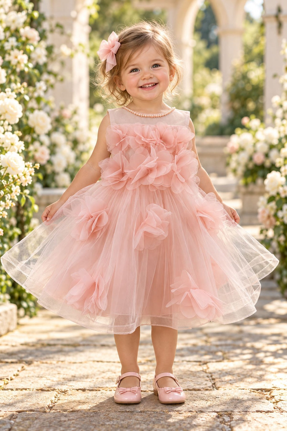 Illusion Jewel Neck Tea-Length Tulle 3D Floral Baby Ball Gown Cinderella Couture 9203B