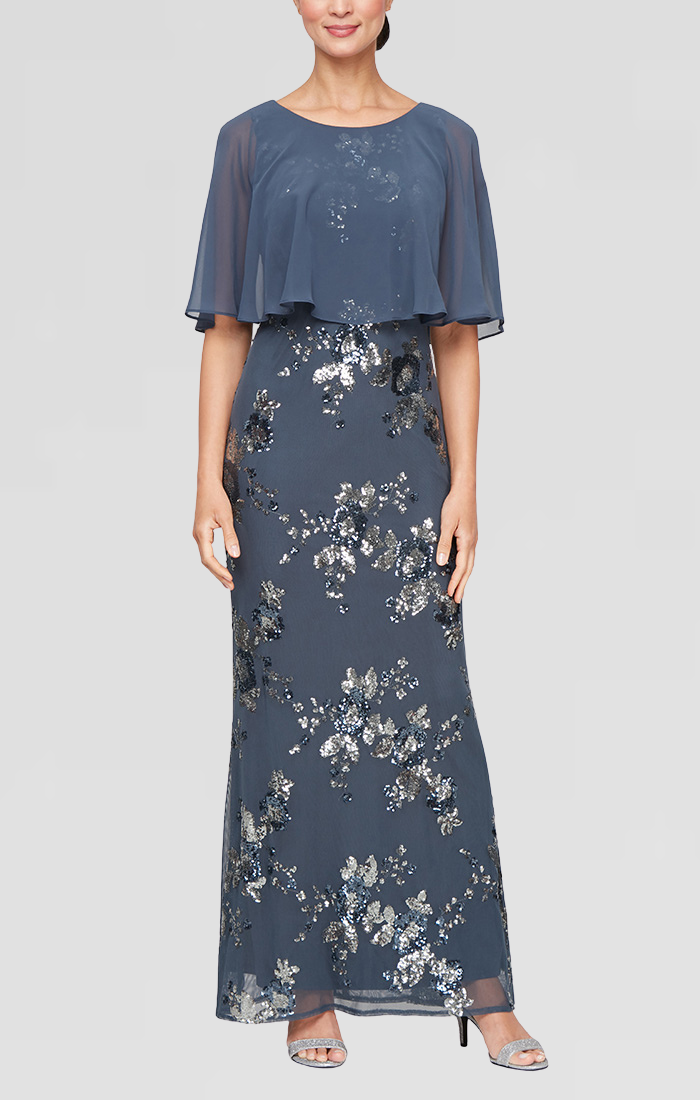 Slate Blue Scoop-Neck Floor-Length Sequin Mesh Gown with Chiffon Capelet SL Fashions 9296472