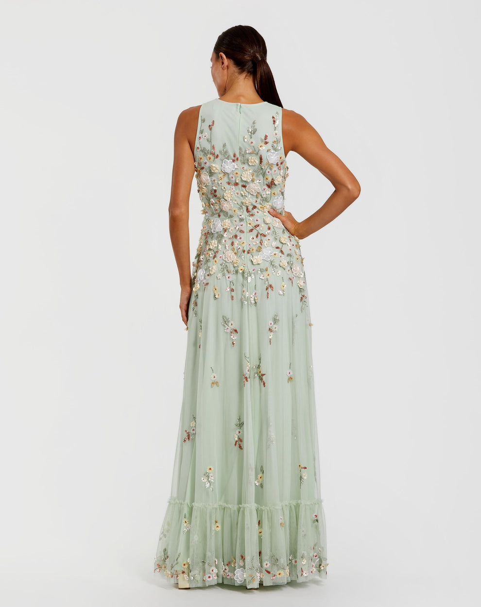 Formal Dress Long Formal Fitted 3D Floral Evening Dress Sage Multi