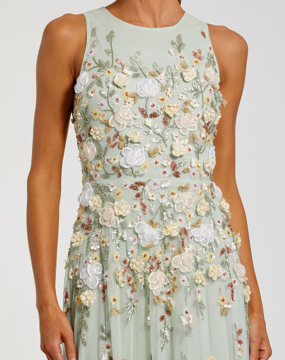 Formal Dress Long Formal Fitted 3D Floral Evening Dress Sage Multi