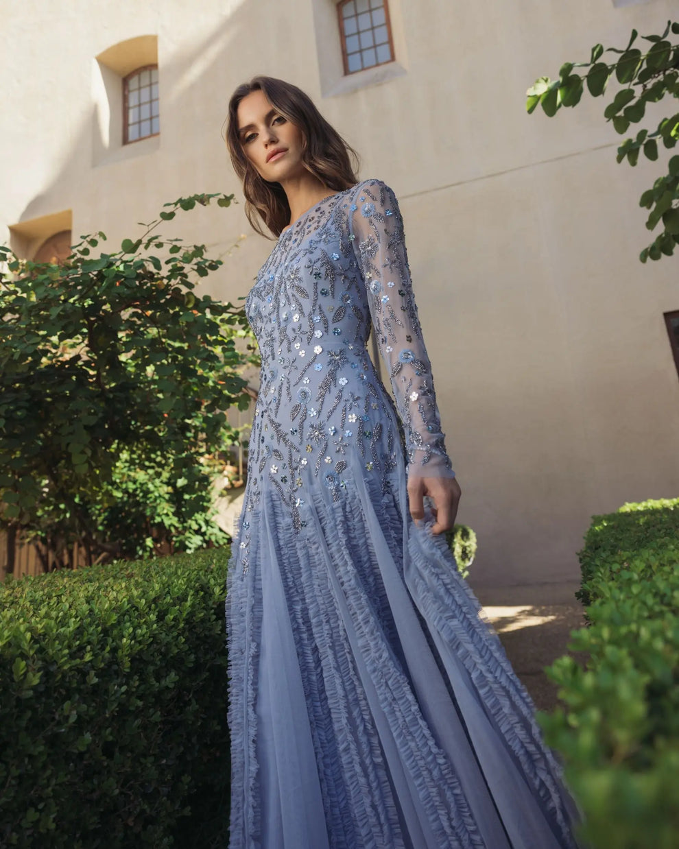 Slate Blue Crew Floor-Length Sequin Tulle Mother of the Bride Dress with Long Sleeves Mac Duggal 9357