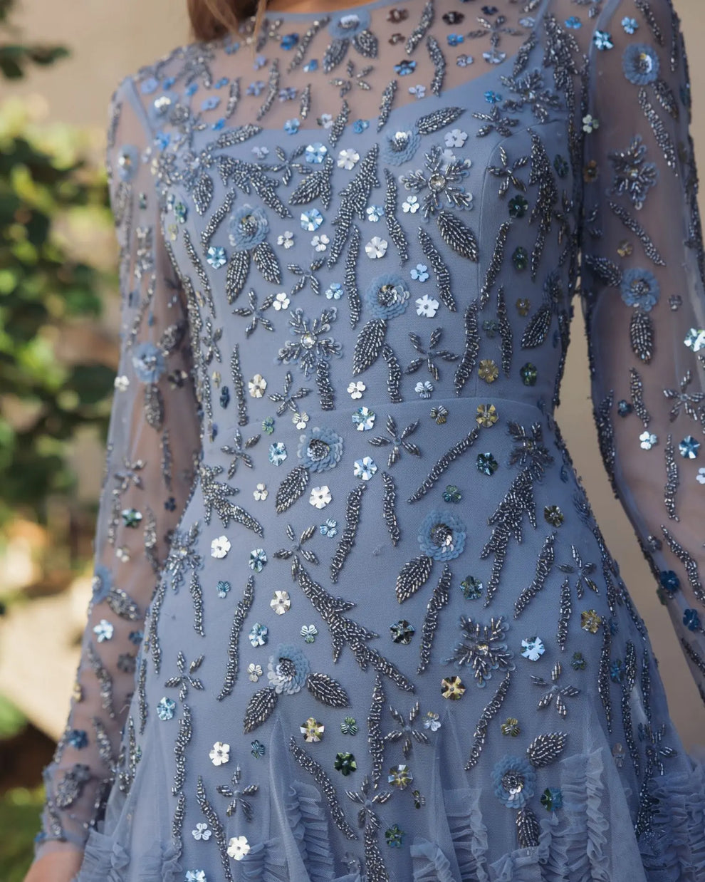 Slate Blue Crew Floor-Length Sequin Tulle Mother of the Bride Dress with Long Sleeves Mac Duggal 9357