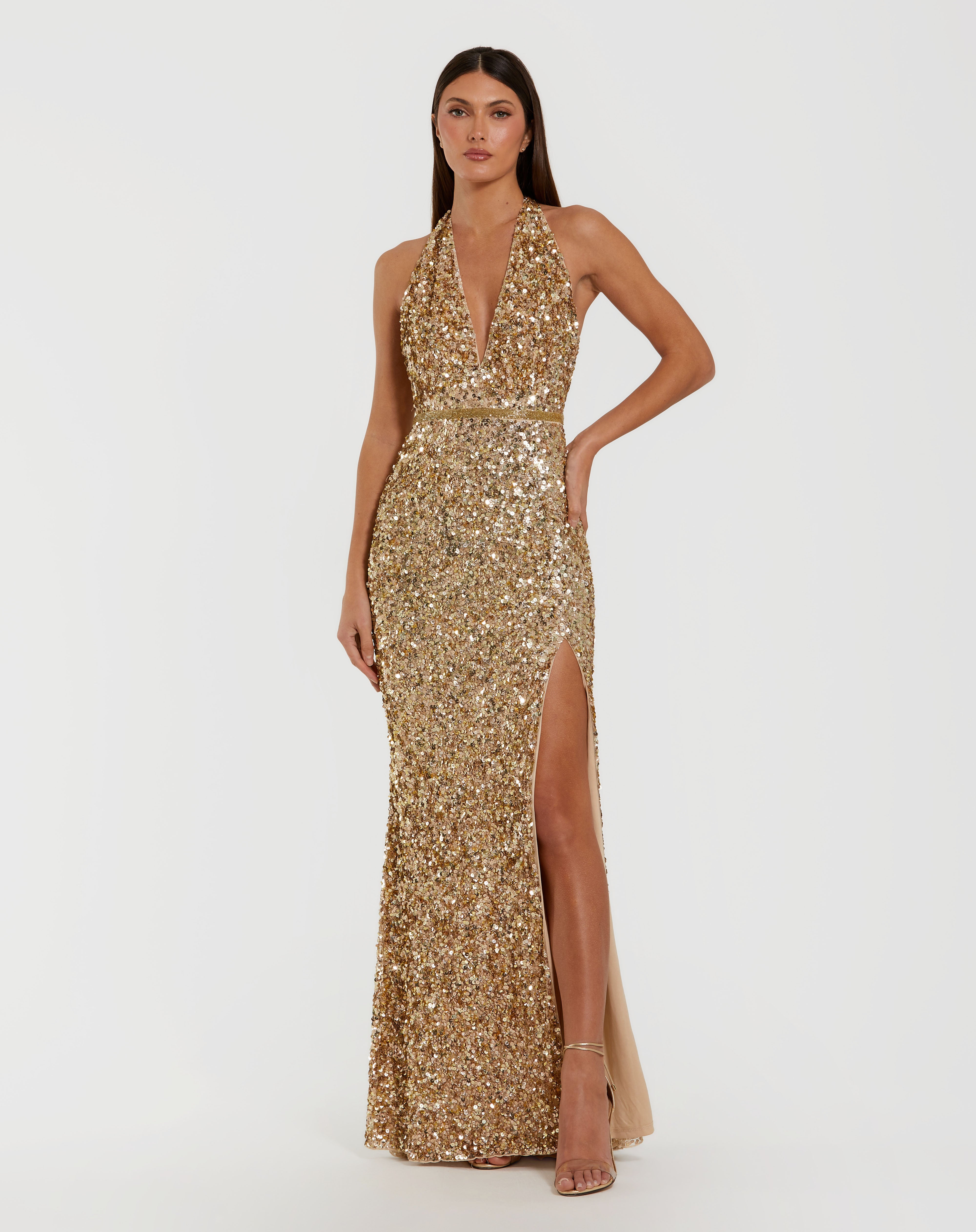Gold Halter Floor-Length Sequin Prom High Slit Gown Mac Duggal 93745