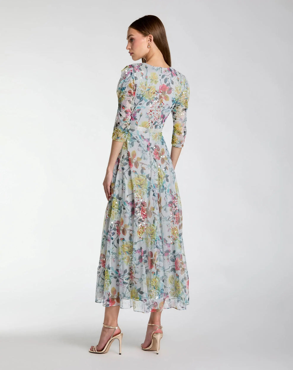 Multi High-Neck Tea-Length Floral Mesh Sequin Cocktail Dress with 3/4 Sleeves Mac Duggal 93793
