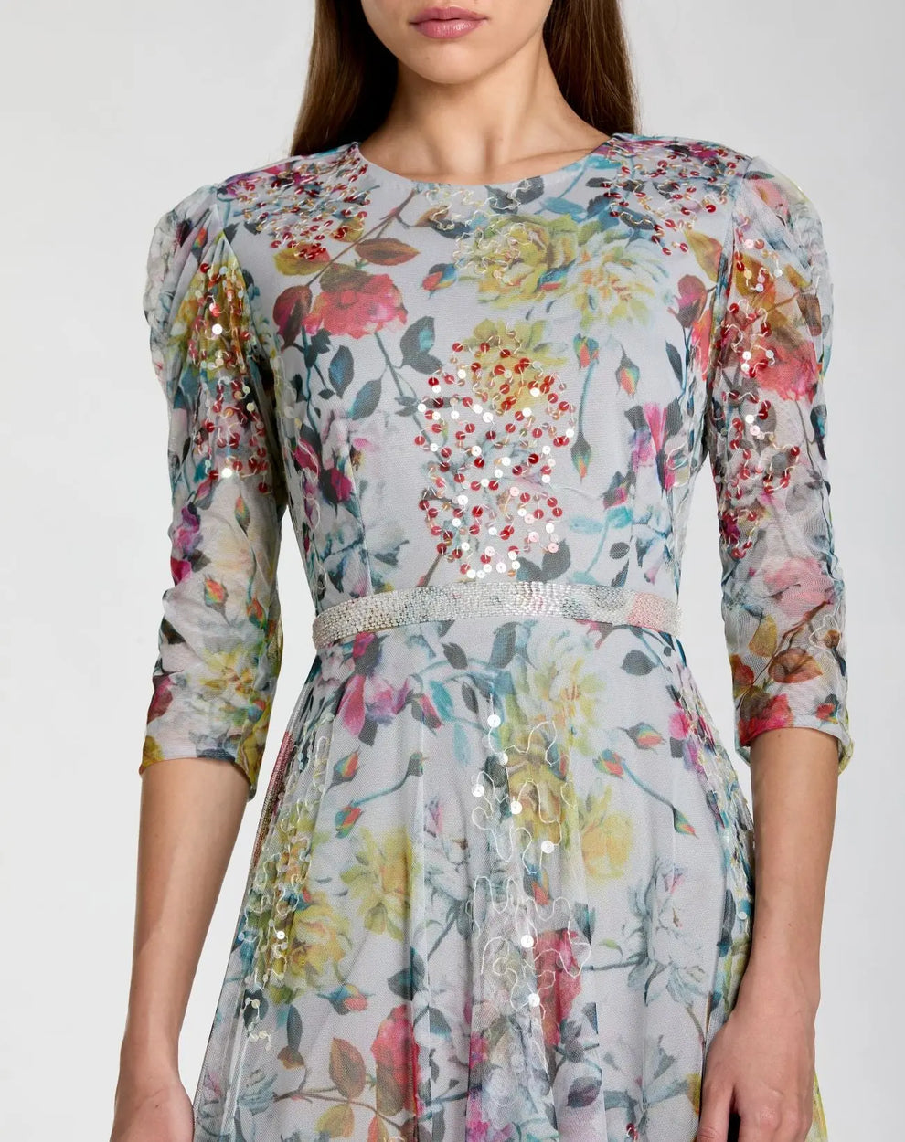 Multi High-Neck Tea-Length Floral Mesh Sequin Cocktail Dress with 3/4 Sleeves Mac Duggal 93793