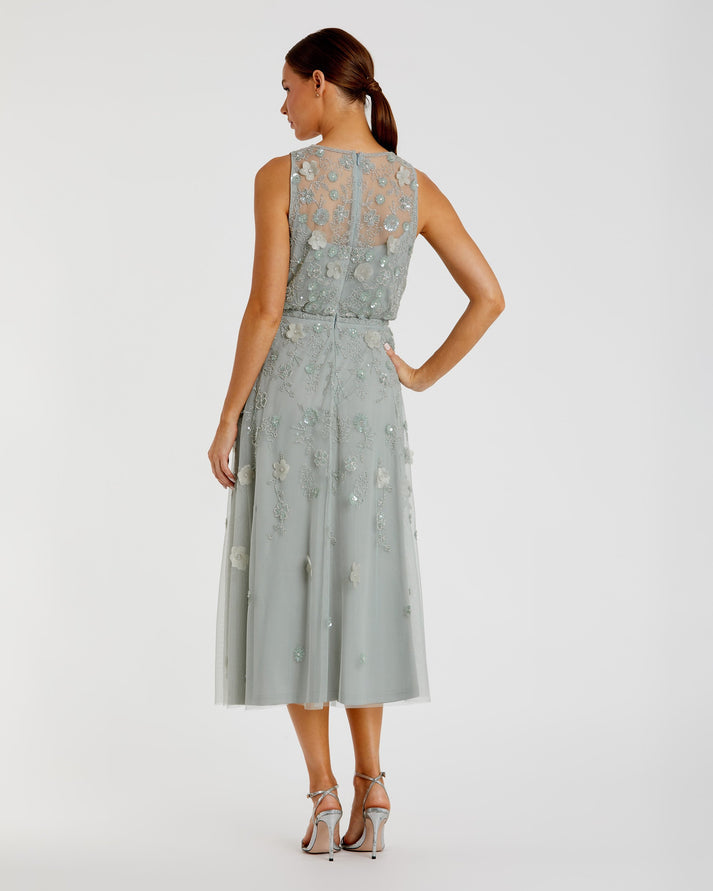 Cocktail Dresses A Line Short Beaded Floral Applique Midi Sequin Prom Dress Mac Duggal 9380 Sage