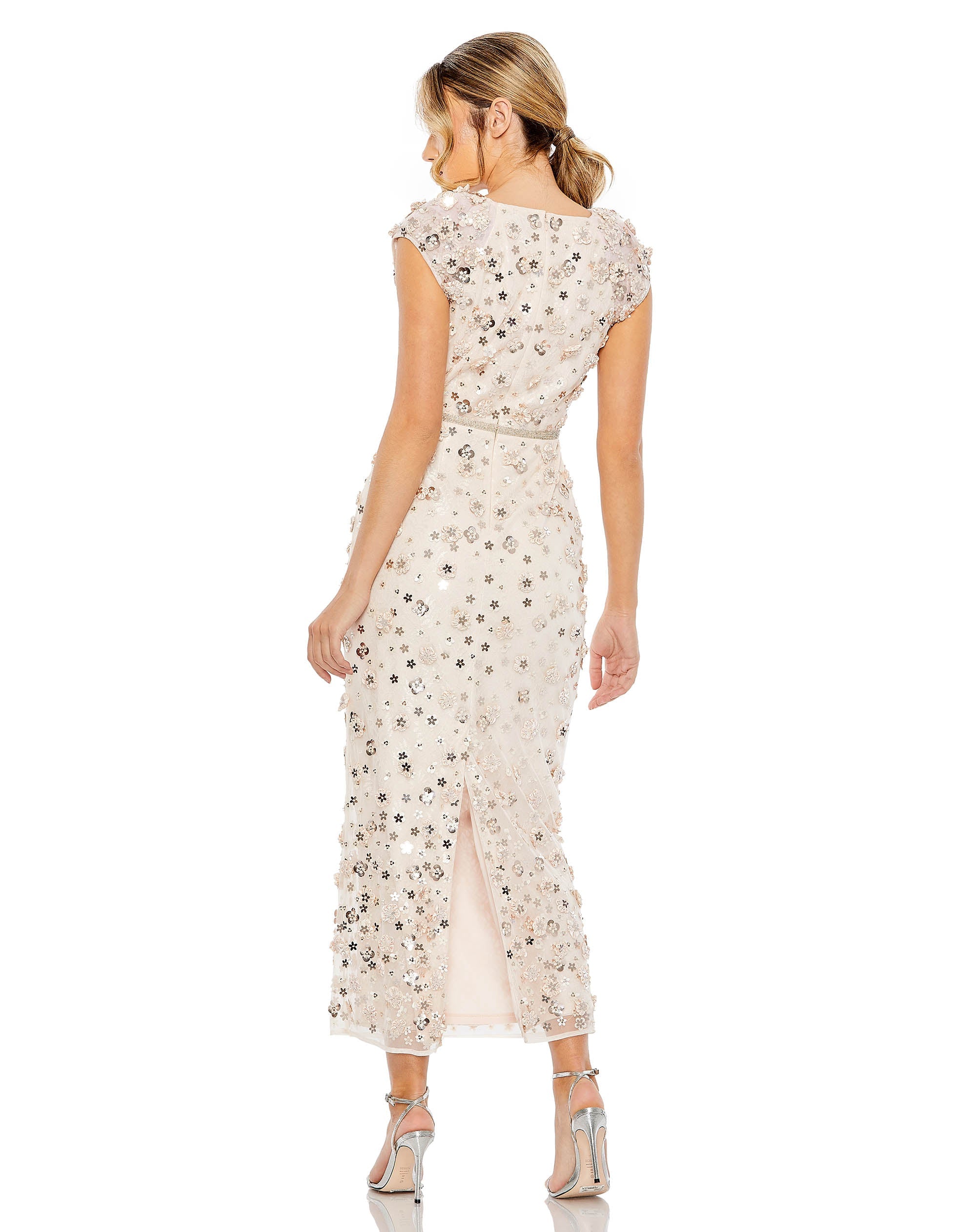 Formal Dresses Floral Beaded Formal Prom Midi Dress Blush