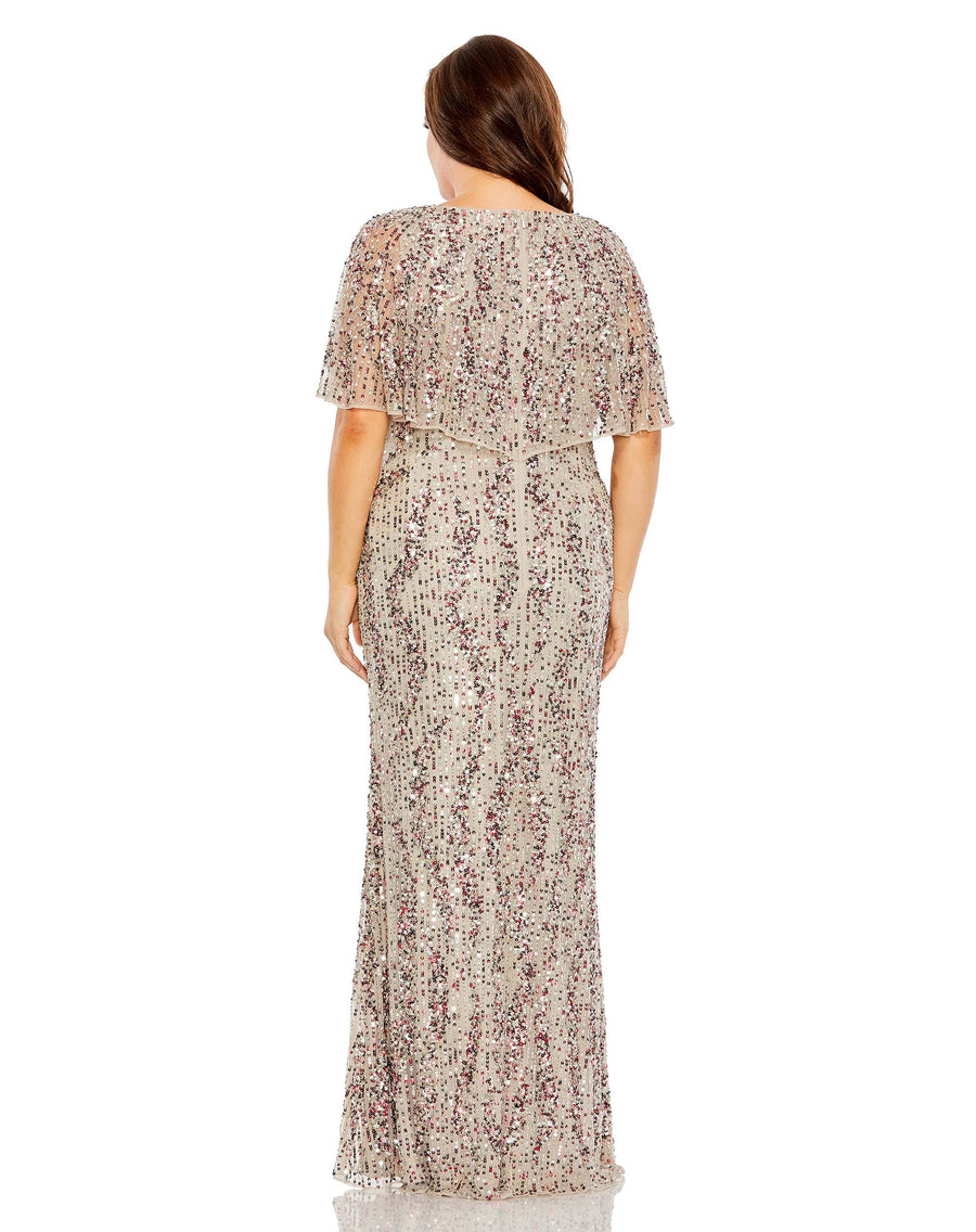 Plus Size Dresses Plus Size Formal Long Sequin Cape Dress Taupe