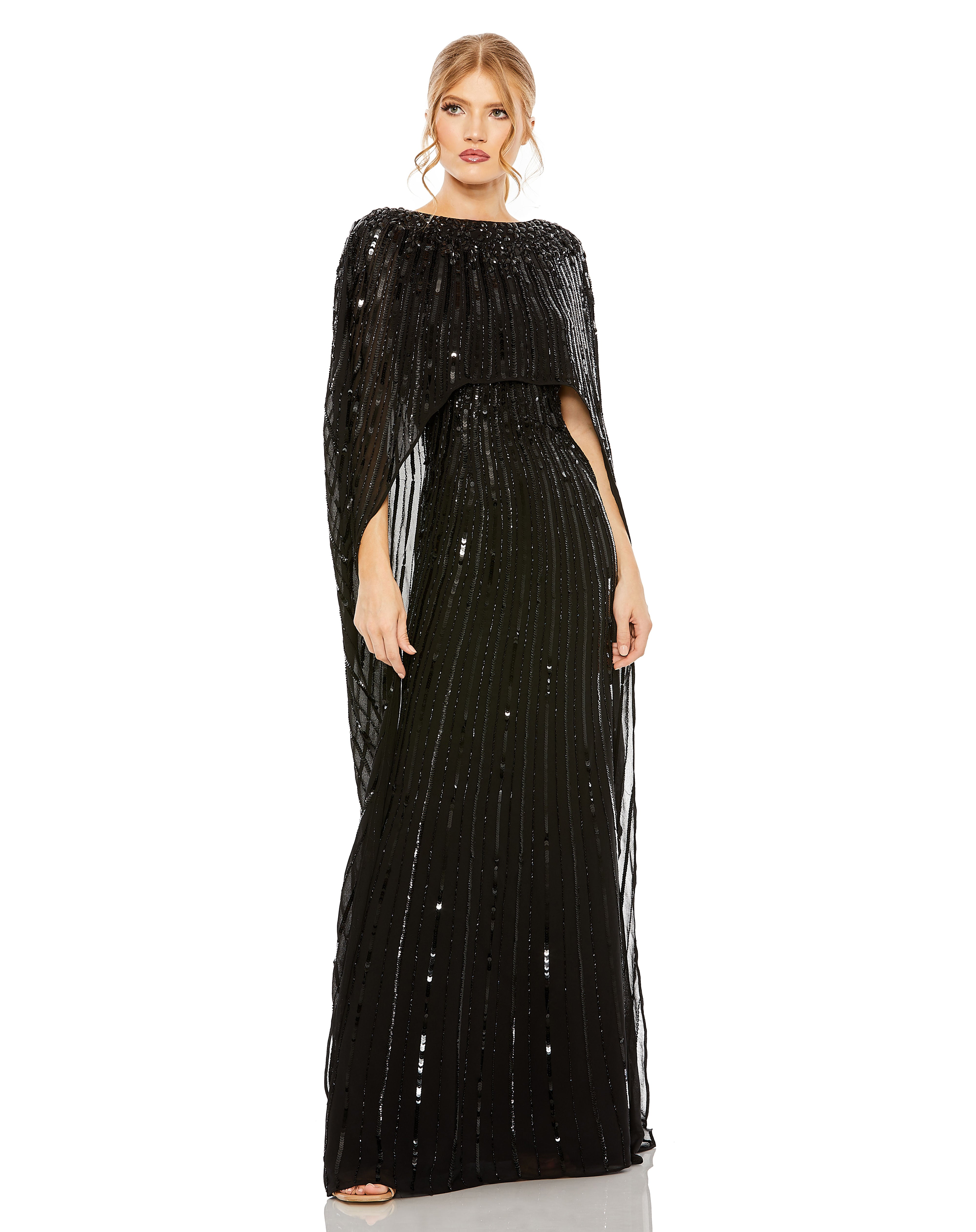 Black Mac Duggal 93869 Long Cape Sleeve Formal Dress