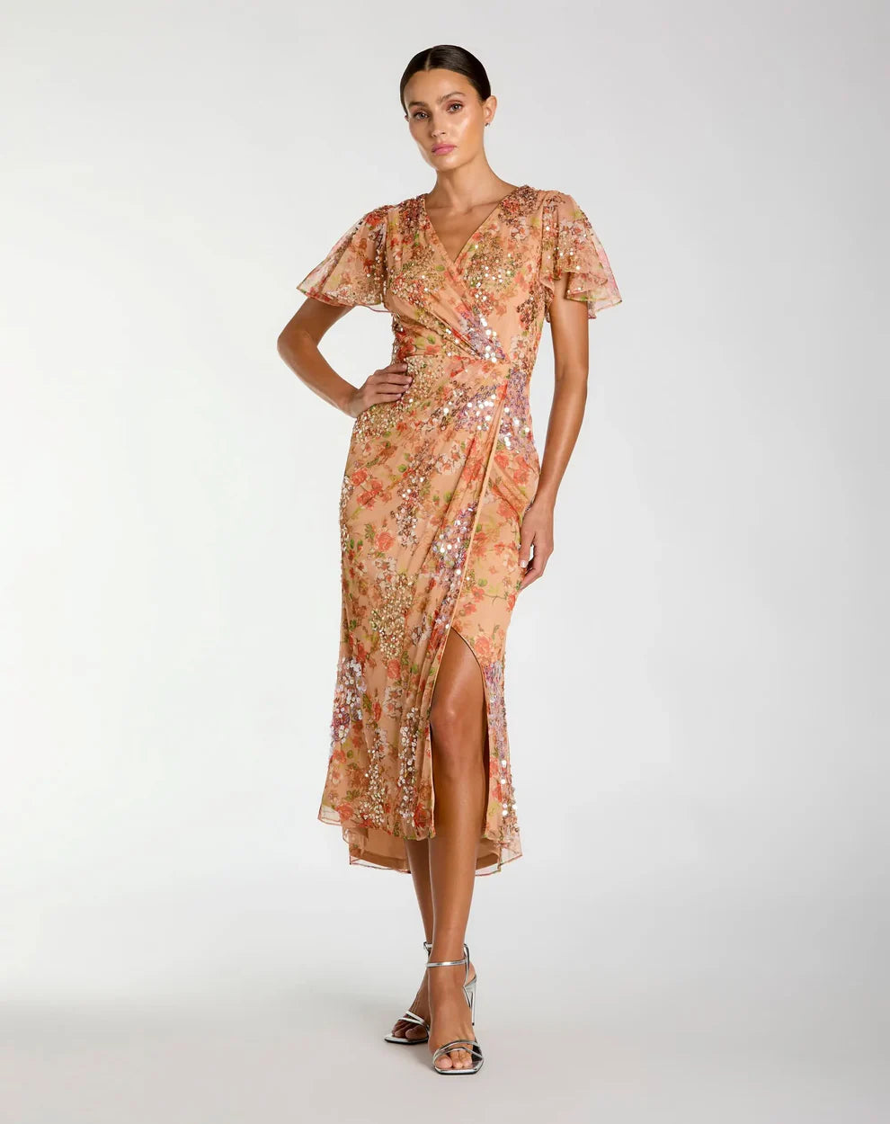 Formal Dresses Tea Length Formal Floral Dress Apricot