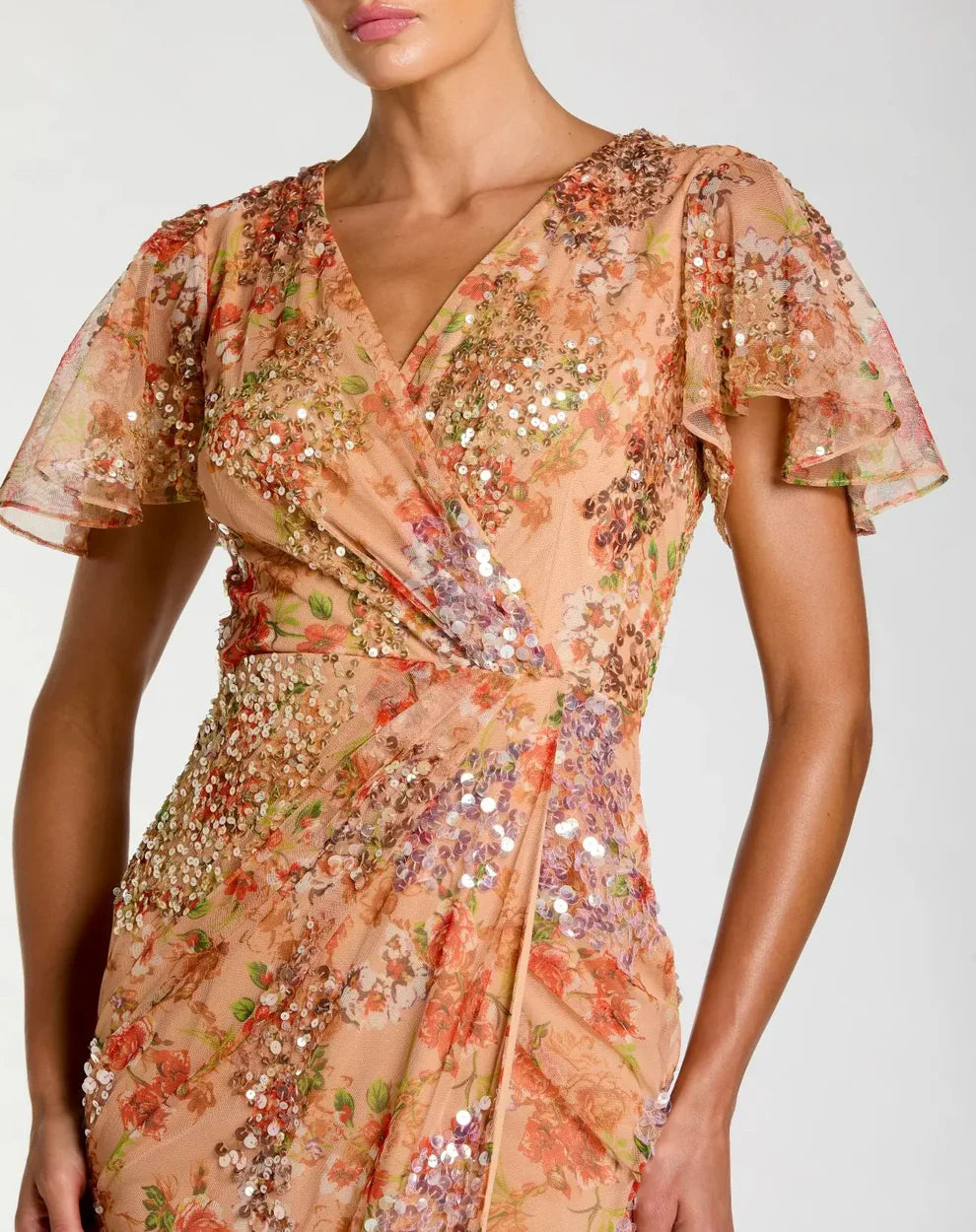 Formal Dresses Tea Length Formal Floral Dress Apricot